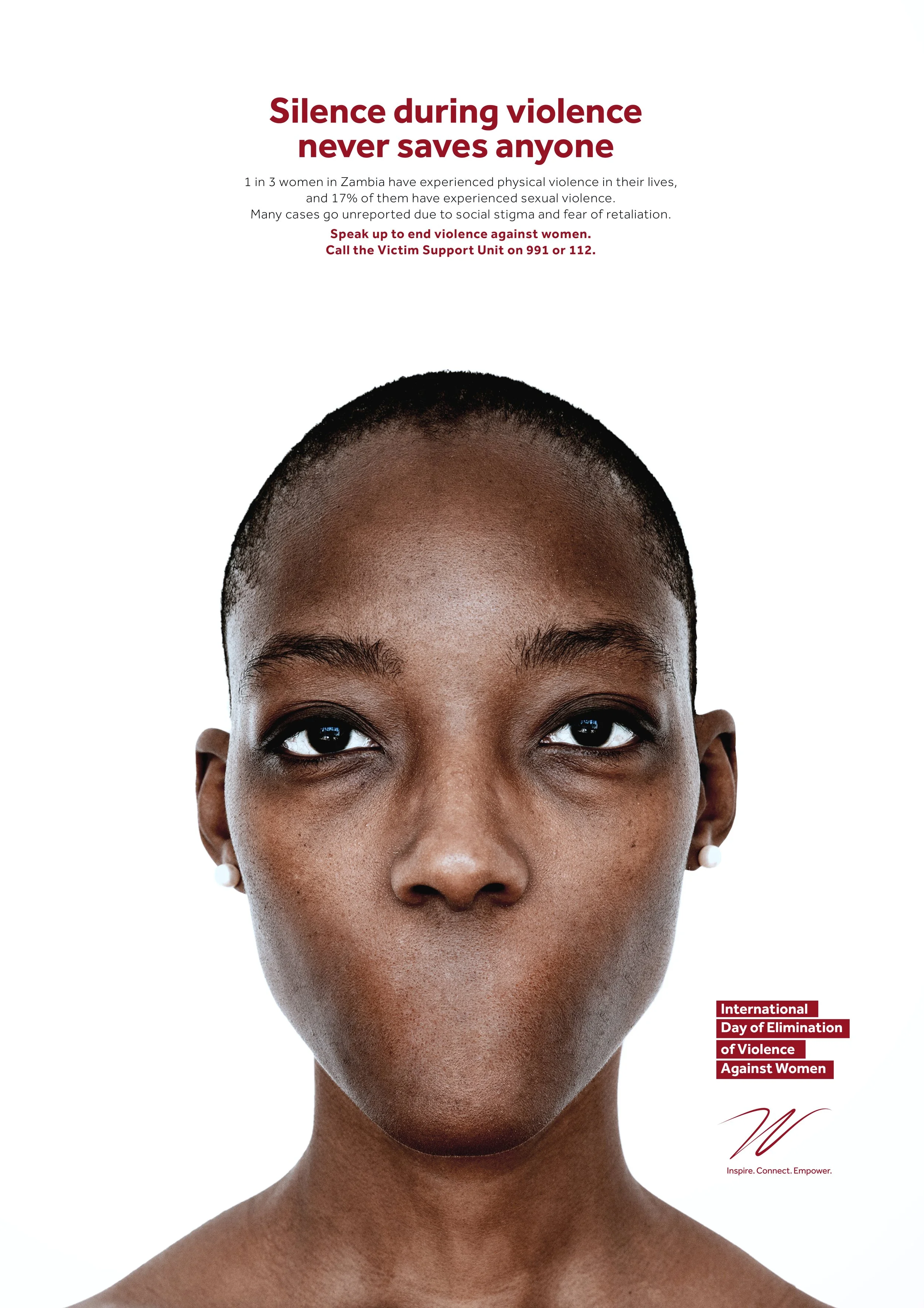 Close-up of a woman's face with short hair and pearl earrings, set against a white background. Overlaid text promotes awareness about ending violence against women, emphasizing that silence during violence never saves anyone, and highlights the International Day of Elimination of Violence Against Women.
