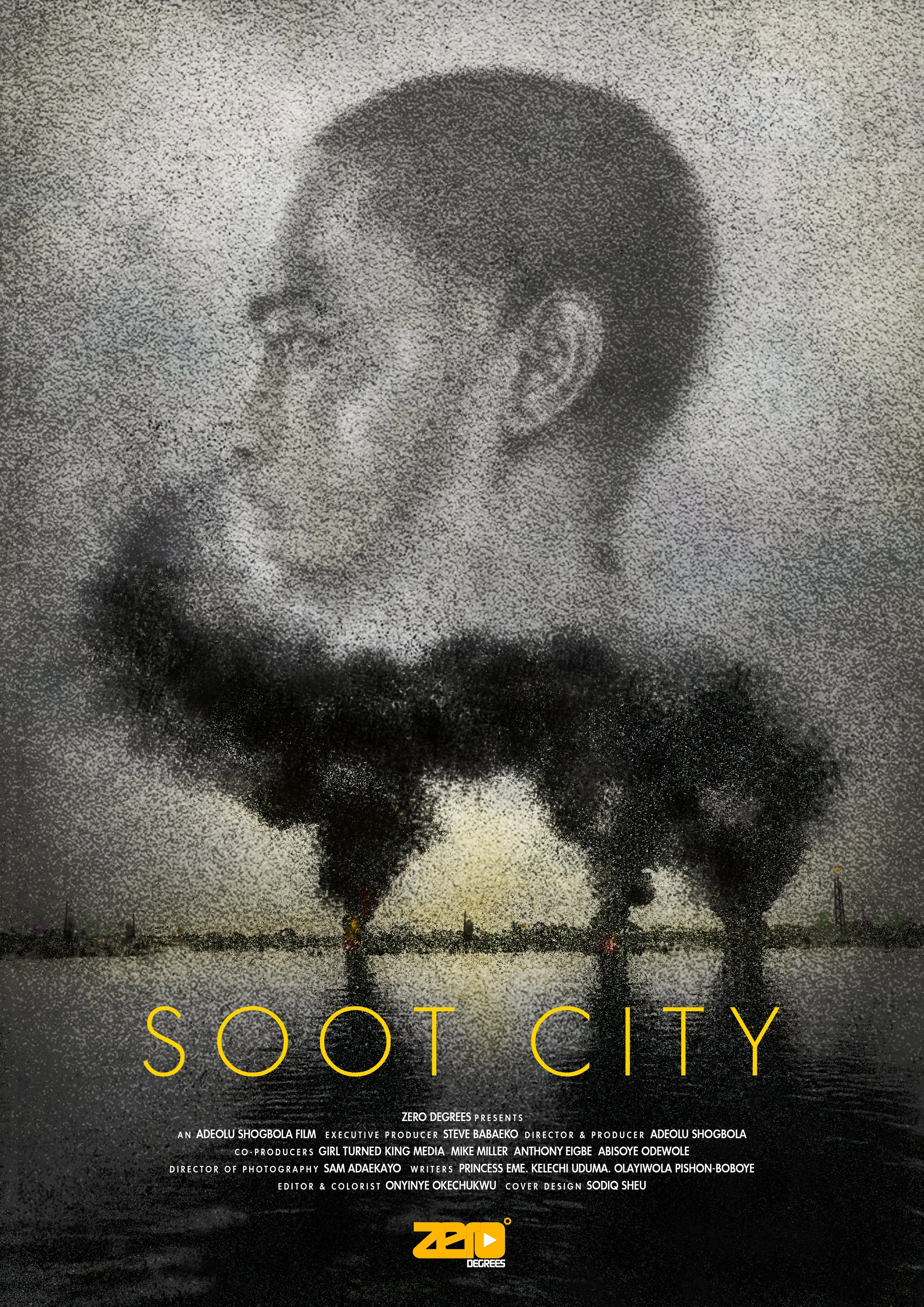 A tornado touching down in a field with dark clouds above and the word 'SOOT CITY' in large yellow letters at the bottom. First Cannes Winning Art Director in Nigeria and west Africa.
