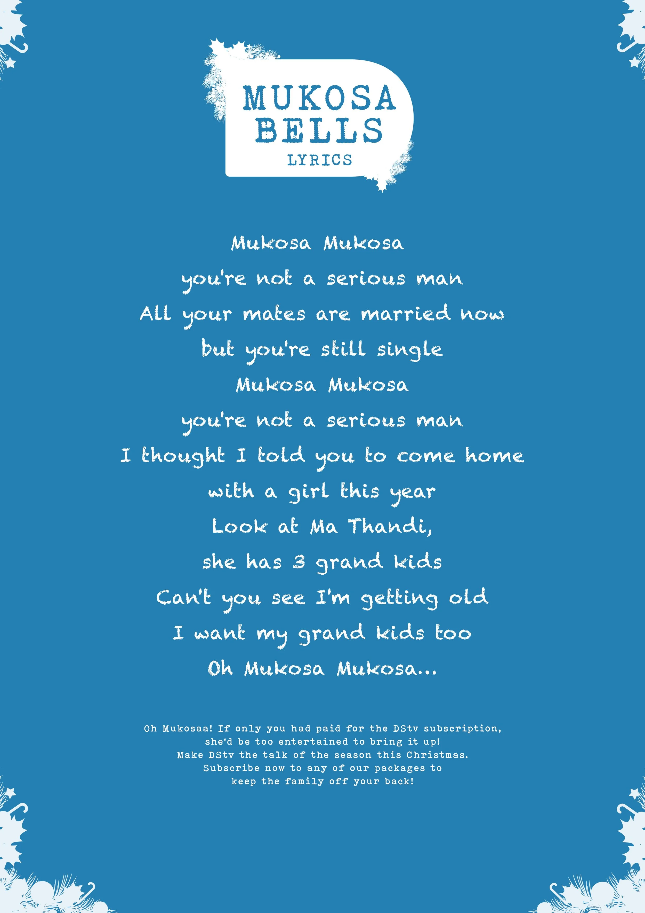 A blue background with white decorative borders, featuring a message titled 'Mukosa Bells Lyrics' and handwritten-style text of the lyrics of a song, with some holly and star illustrations.