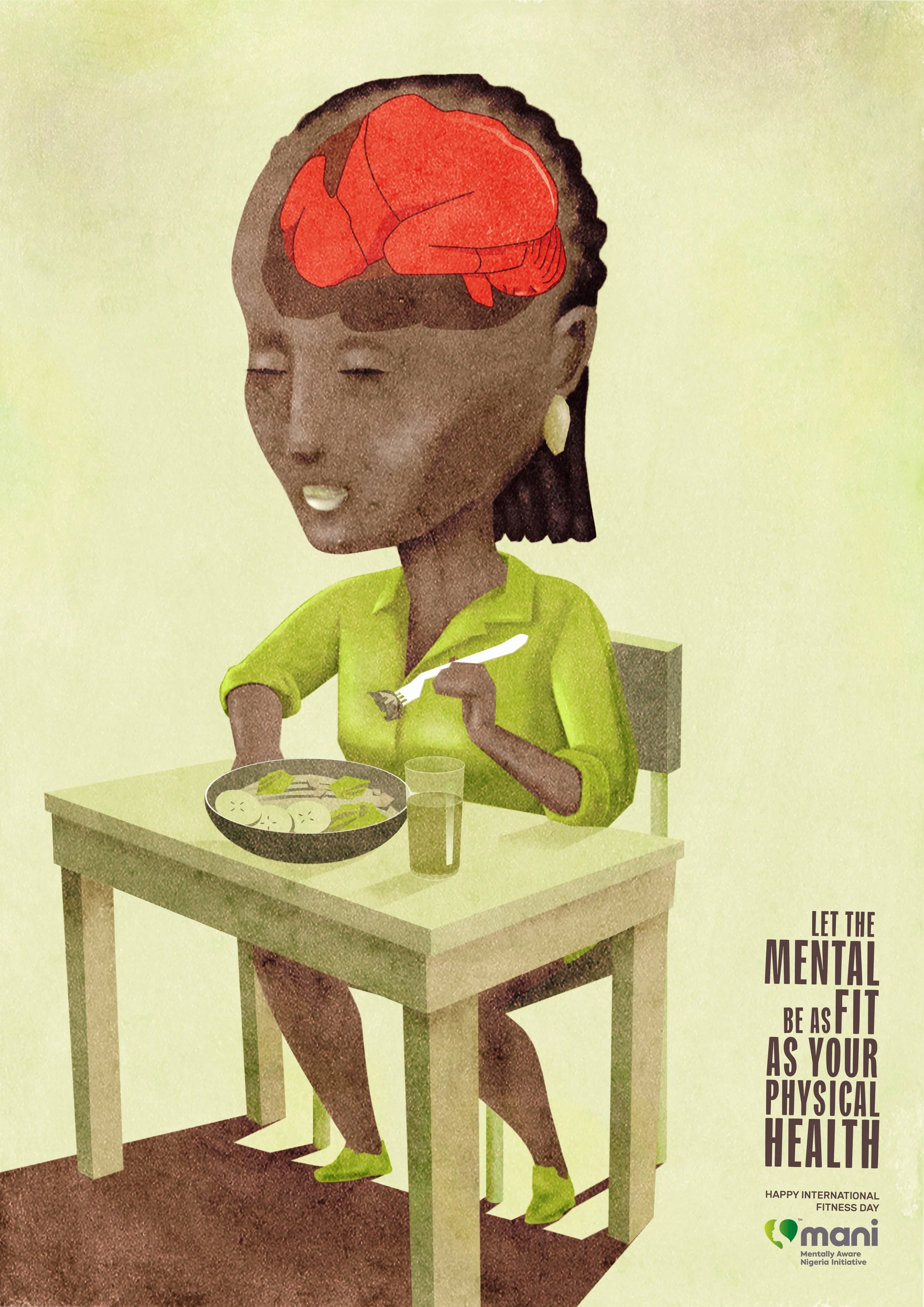 A woman with glasses and earrings sitting at a table, eating a plate of sliced bananas with a glass of water and a fork. She has a red illustration of a brain on her head, and is wearing a green shirt. The background is light green, and there is text