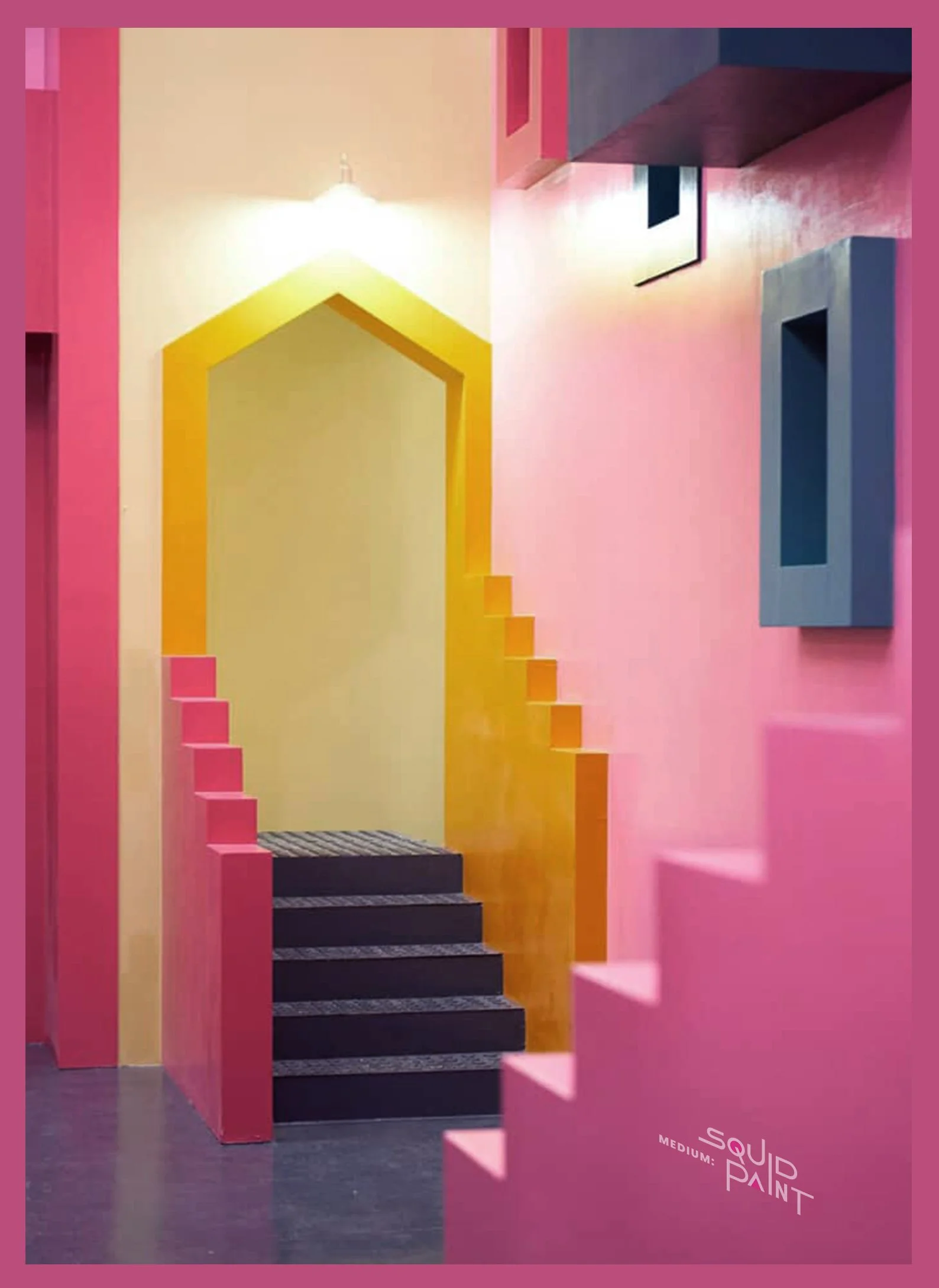 Colorful interior with pink, yellow, and blue walls, featuring a staircase with black steps and gray tread, and a wall sign reading "Liquid Paint Medium". Campaign for Squid Game.