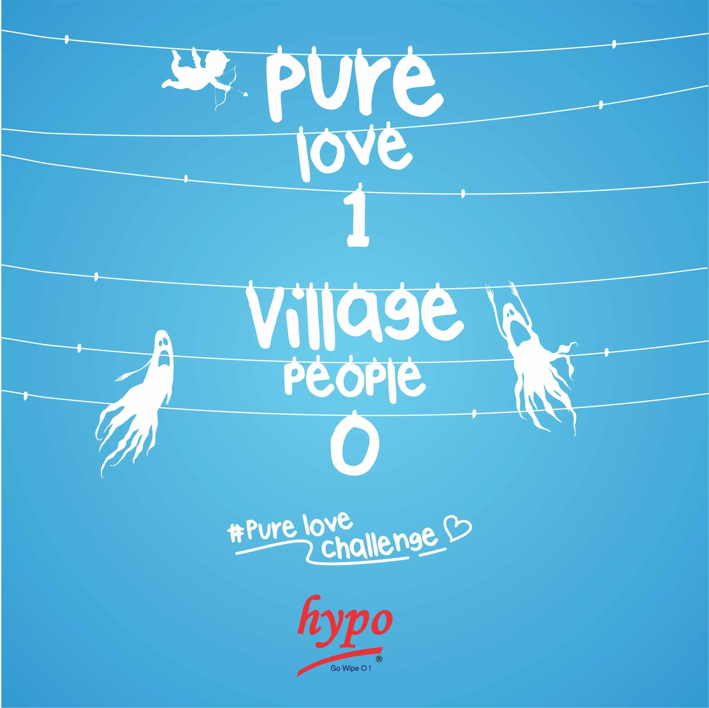 Colorful graphic with white lines resembling laundry lines, adorned with various hanging items like a person, a bottle, a shoe, and a sock. The words 'pure love' are written in large white chalk-like letters, and the words '#Pure love challenge' are written in a playful font. The background is bright blue.