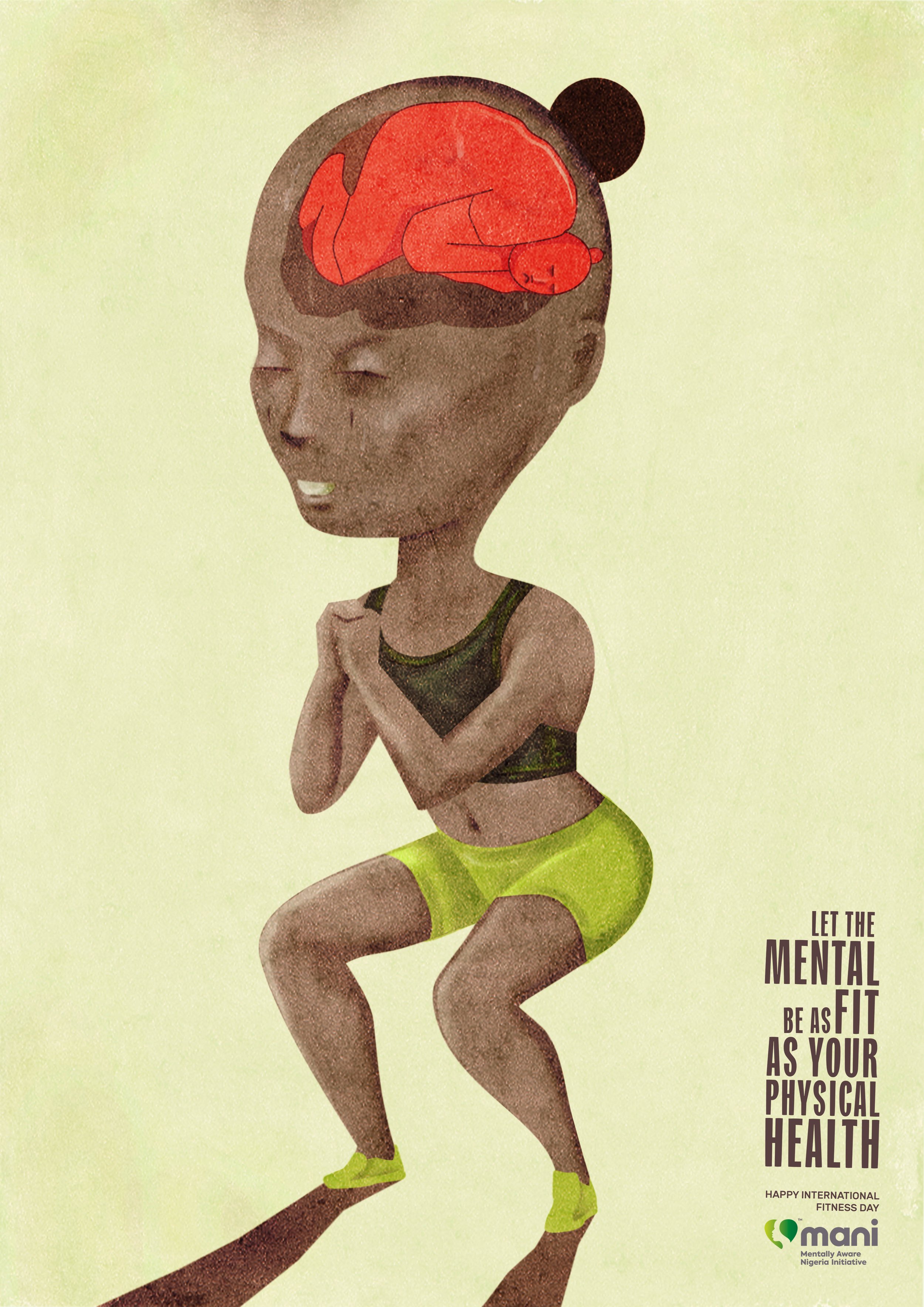 A drawn woman with dark skin and black hair in a bun, is in a squat position with hands pressed together in prayer, wearing a black sports bra and bright green shorts, with an illustrated brain floating above her head. Text on the image says 'Let the