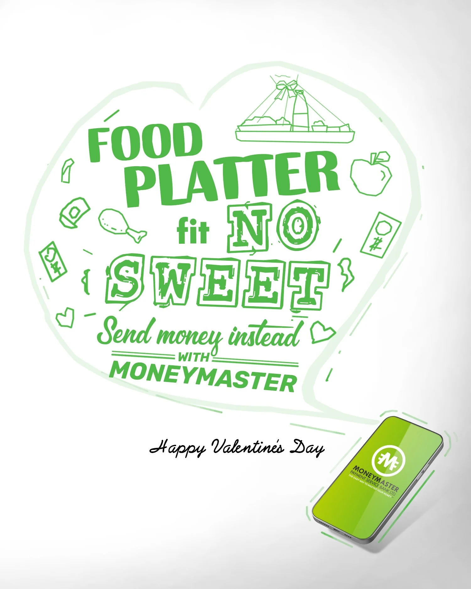A Valentine's Day themed illustration promoting MoneyMaster, a digital payment service, with the slogan 'Food Platter fit NO SWEET Send money instead with MONEYMASTER,' and a smartphone displaying the MoneyMaster app logo.
