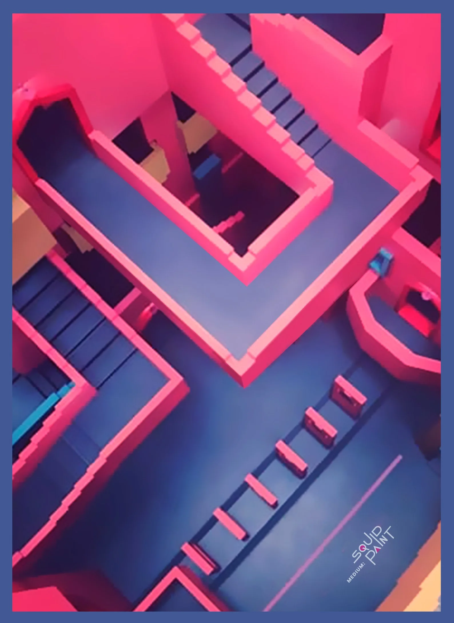 A colorful abstract digital art piece with pink, purple, dark blue, and orange geometric shapes and classroom elements, including stairs, walls, and structures, with the words 'SQUAD POINT MEDIUM' at the bottom right corner. Best Campaign.