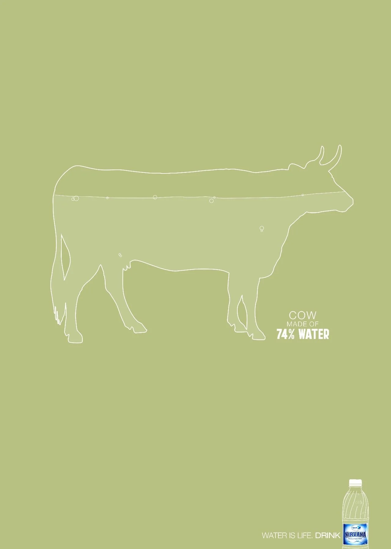 A graphic illustration of a cow with a water consumption statistic and branding for Nirvana bottled water, emphasizing the cow's water content as 74%, and a small water bottle at the bottom with the slogan 'Water is life. Drink.'