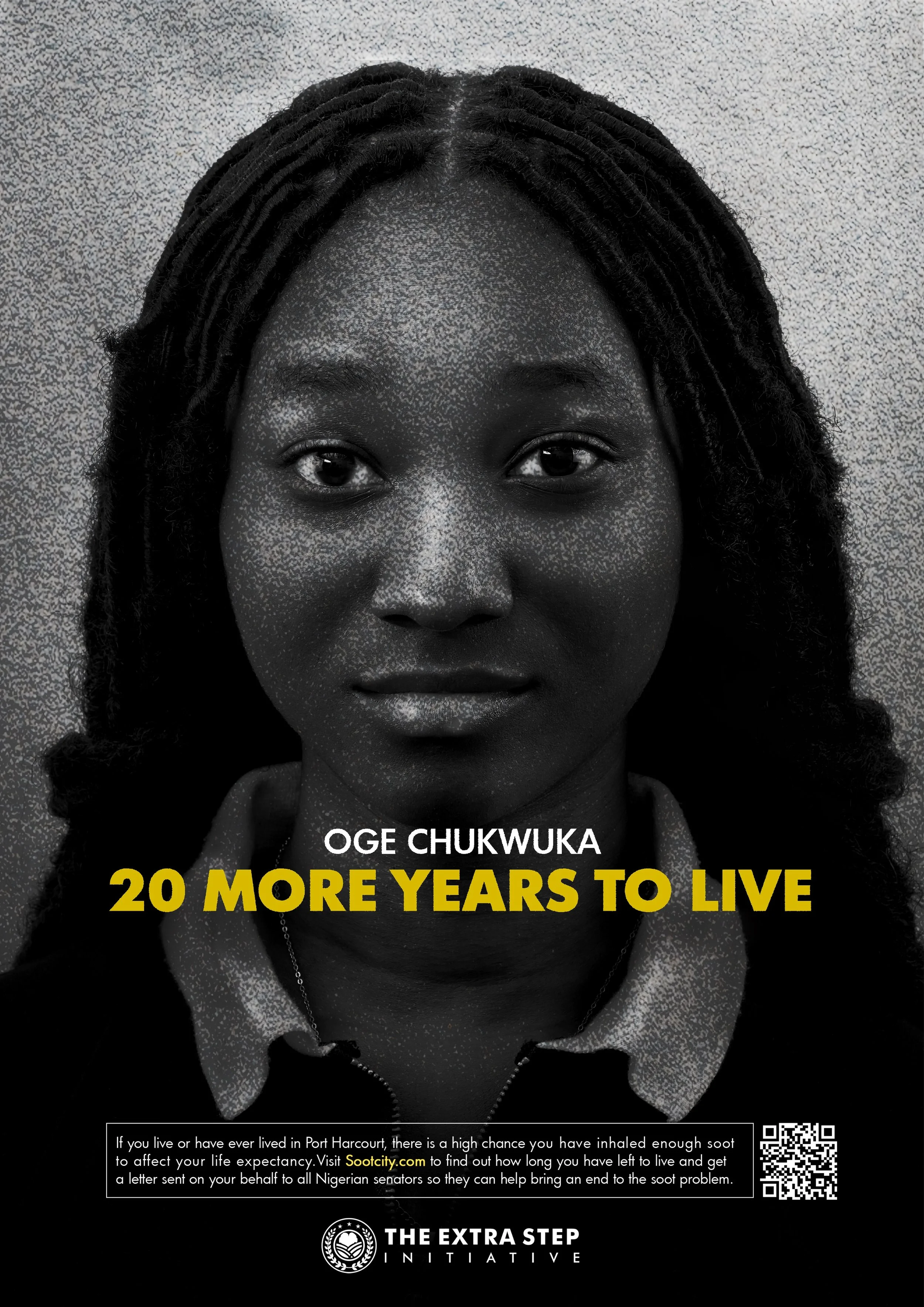 A smiling woman with long dreadlocks, wearing a collared shirt and a necklace. There is text on the image that reads: 'Oge Chukwu, 20 More Years to Live', and a message encouraging viewers to advocate for clean air by visiting Soccity.com and sending letters to Nigerian senators.