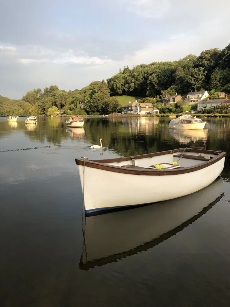 A white rowboat floating on calm water near a dock, with a swan and several other boats in the background, along with houses on a hillside.