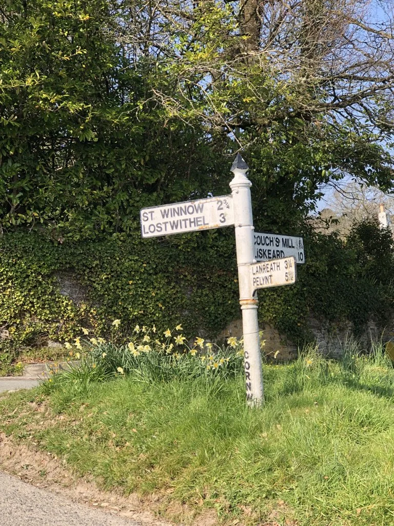 A vintage white street signpost with multiple directional signs, surrounded by grass and flowers, with trees and a clear sky in the background.