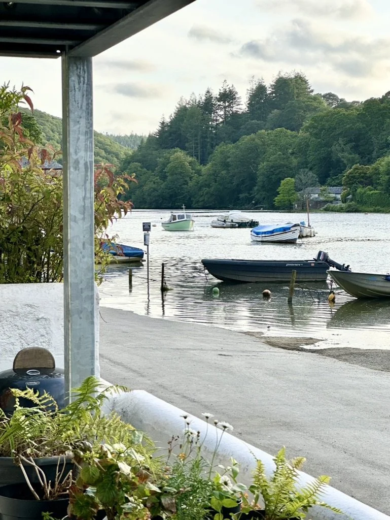 View of boats docked on a calm river surrounded by green trees, with a cloudy sky in the background. There are potted plants and a water container on the porch in the foreground.