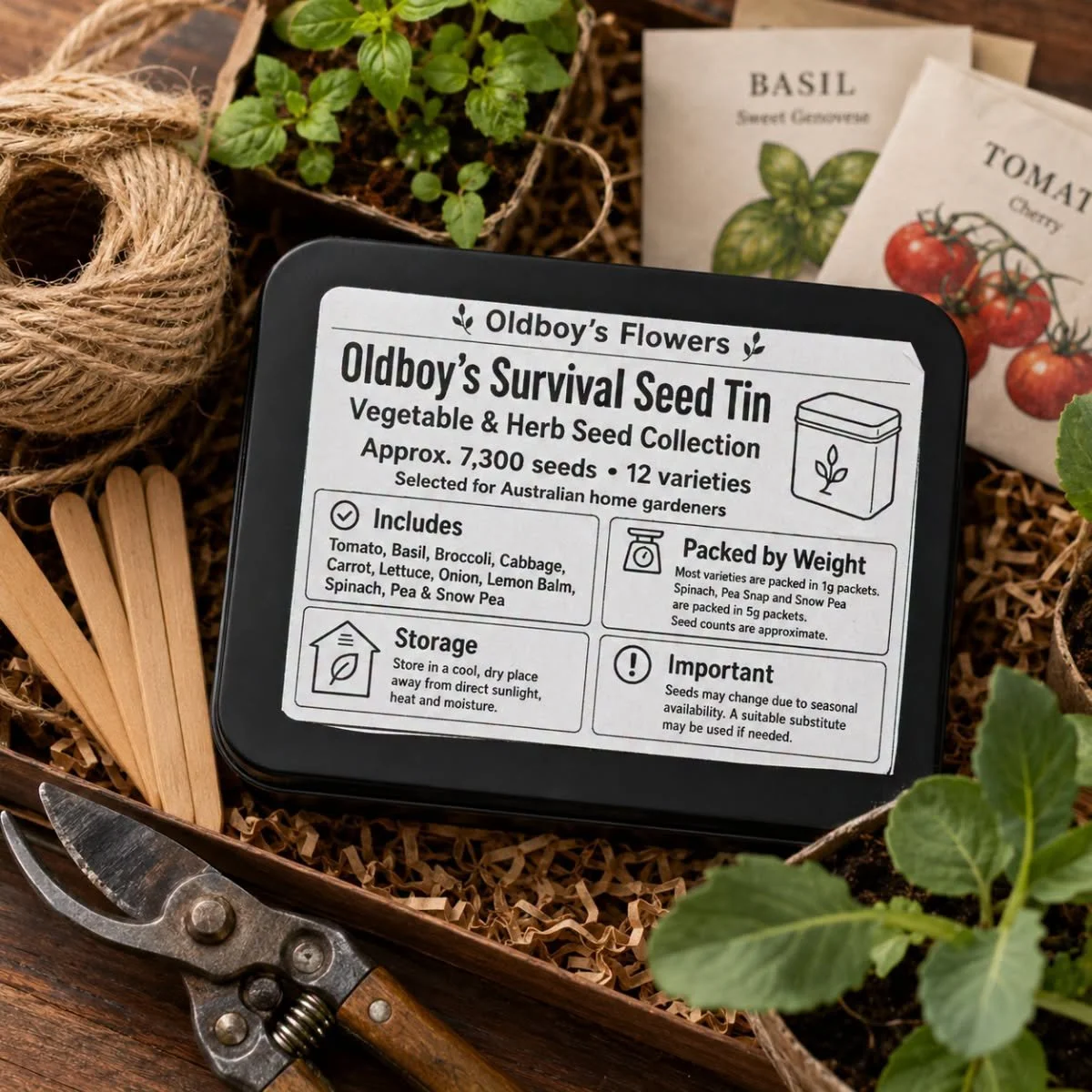 A seed collection tin labeled 'Oldboy's Survival Seed Tin' surrounded by gardening supplies, including seed packets for basil and tomato, a pair of pruning shears, a spool of twine, wooden plant markers, and young vegetable plants.