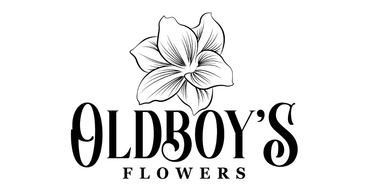 Logo for Oldboy's Flowers featuring a drawing of a flower above the text.