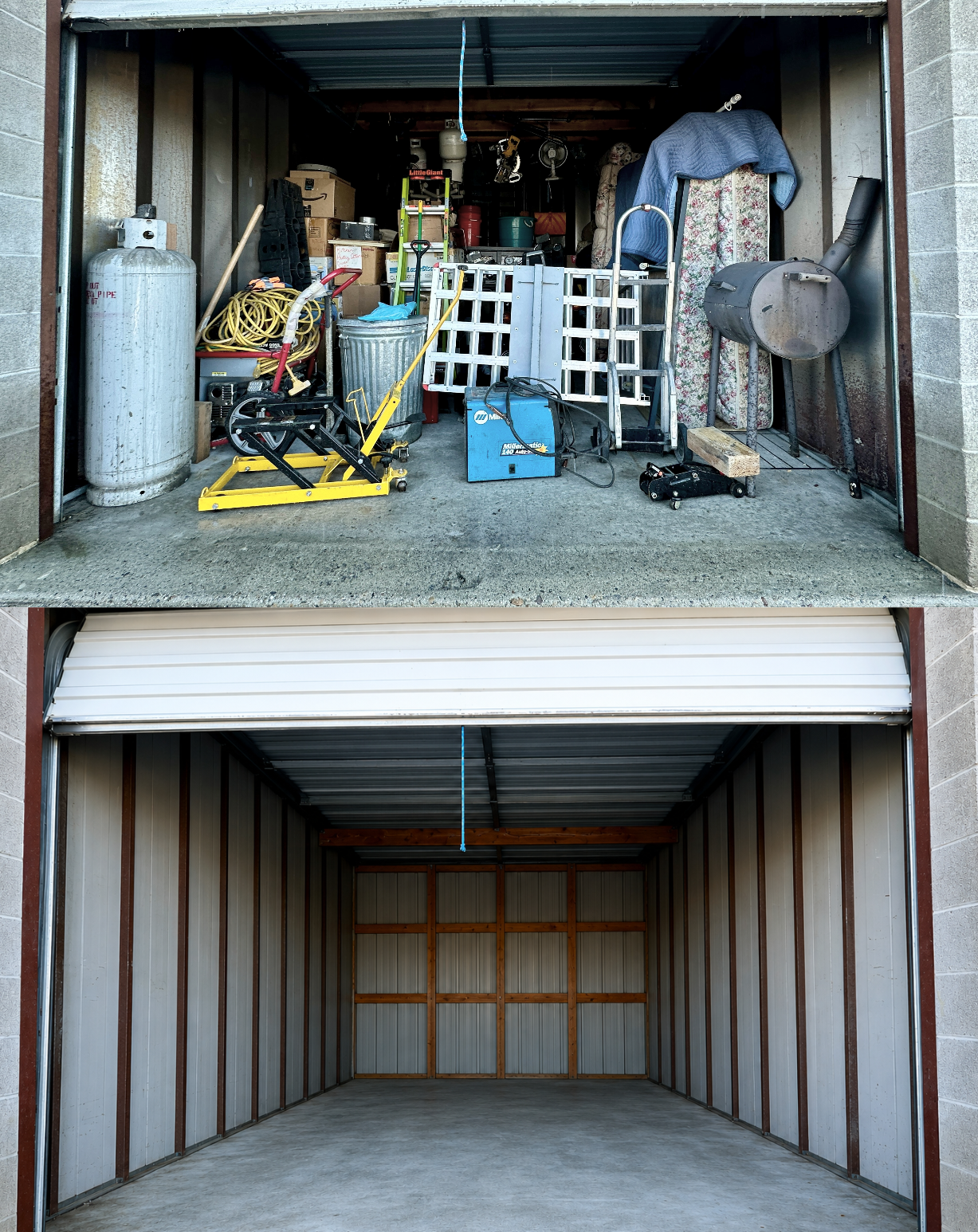 Before and after images of a garage; the first shows a cluttered, filled garage with various tools, storage boxes, and furniture, the second shows the same space cleared and organized, empty with visible metal walls and concrete floor.