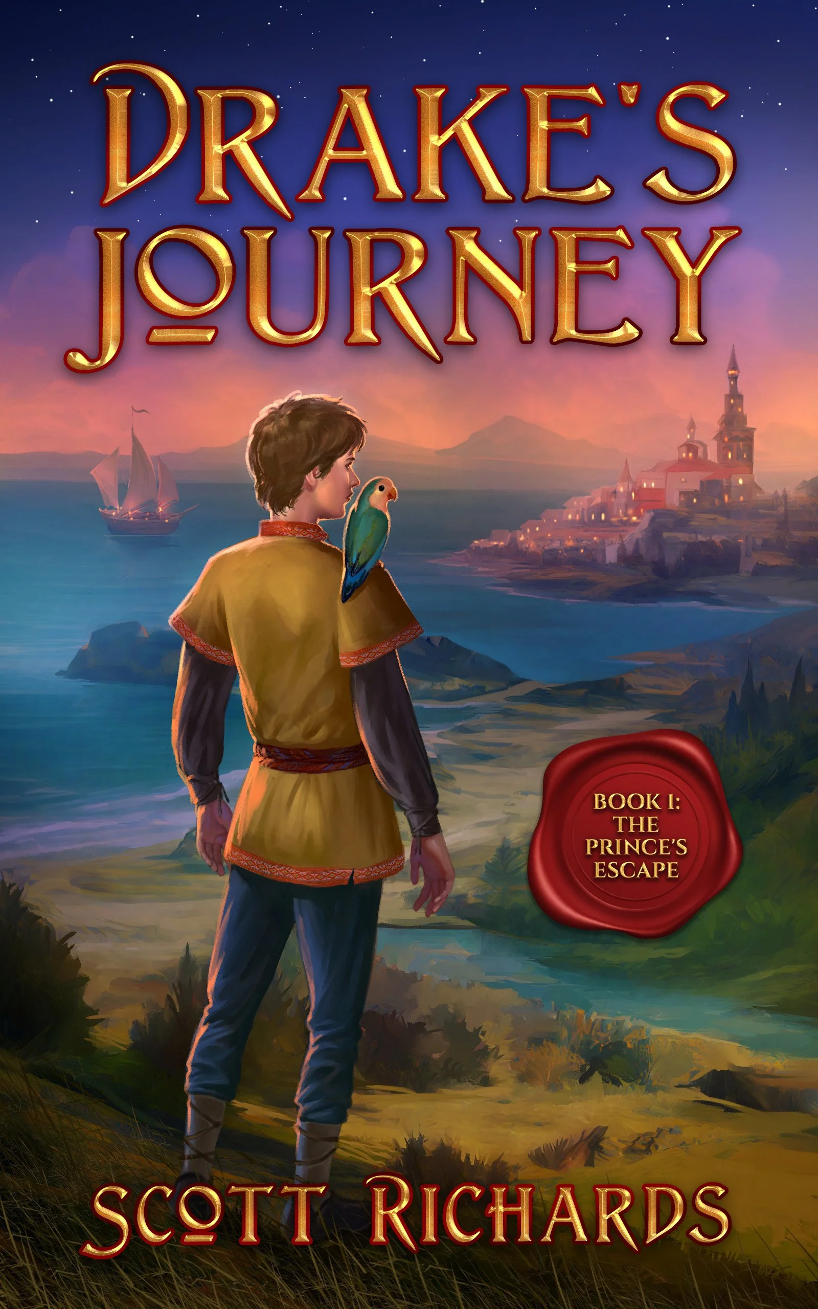 Book cover titled "Drake's Journey" with a fifteen-year old teenager and a lovebird on his shoulder, standing near a coastline with a sailboat in the water and a village with a lighthouse in the distance at sunset.