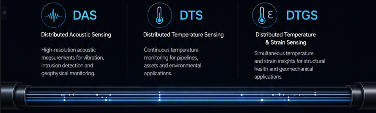 Comparison of three sensing technologies: DAS (Distributed Acoustic Sensing), DTS (Distributed Temperature Sensing), and DTGS (Distributed Temperature and Strain Sensing) with descriptions of their functions.