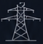 Electrical transmission tower against a grey background.