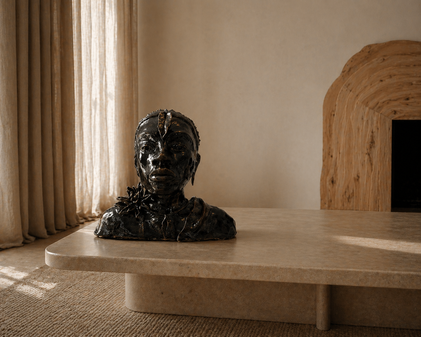 Statue de busto en un entorno interior con cortinas beige y una chimenea de piedra en el fondo.