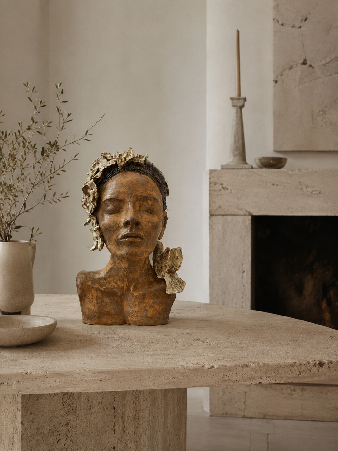 Statue de femme en céramique sombre avec des fleurs blanches dans les cheveux, placée sur une table en pierre dans une pièce intérieure
