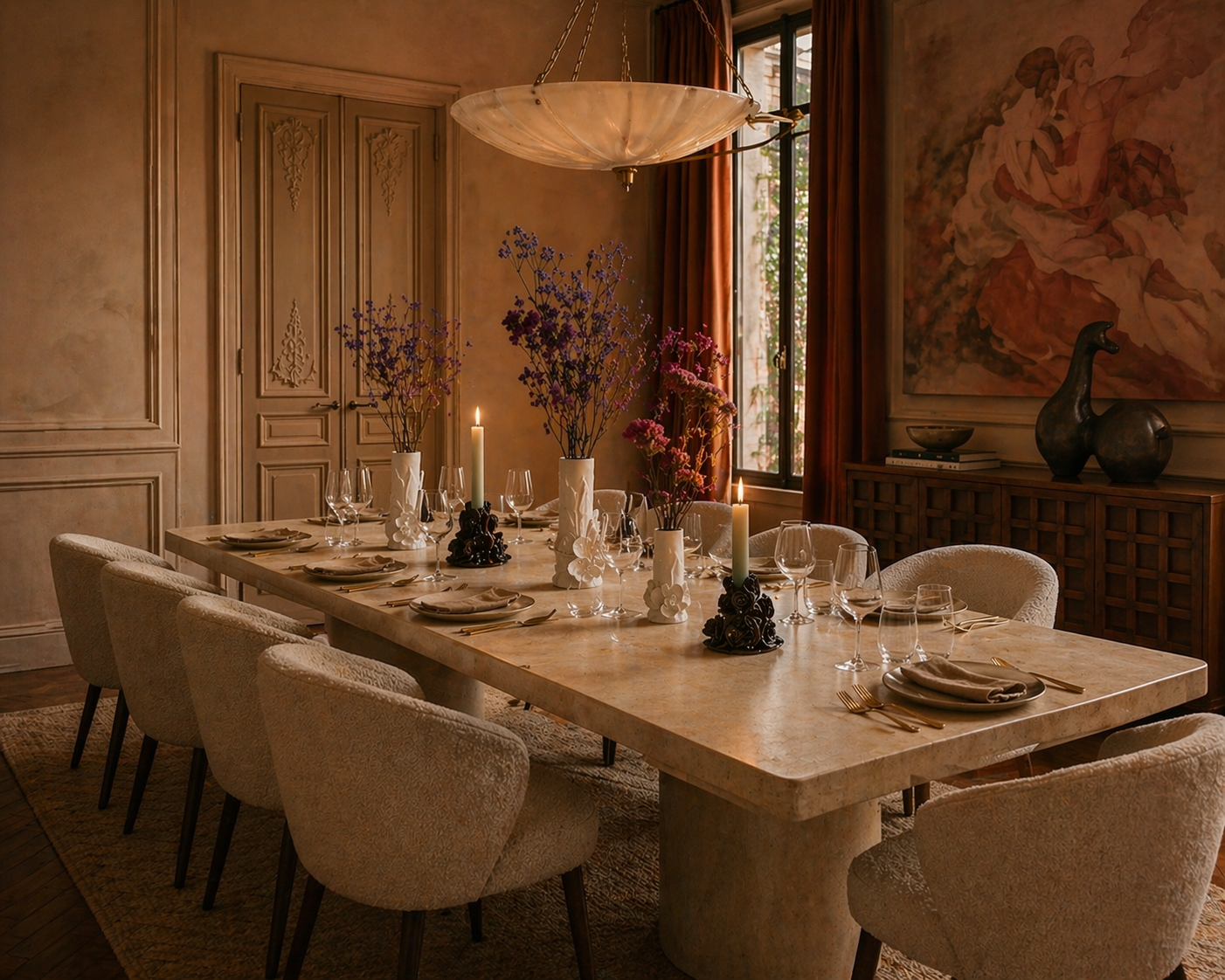 Salle à manger élégante avec un grand table en bois, décorée de vases avec des fleurs violettes et roses, chandelles allumées, et des verres à vin. Mur en tons chauds avec une peinture abstraite et sculpture en forme d'oiseau sur un meuble en bois. Fenêtre ouverte laissant entrer la lumière naturelle.