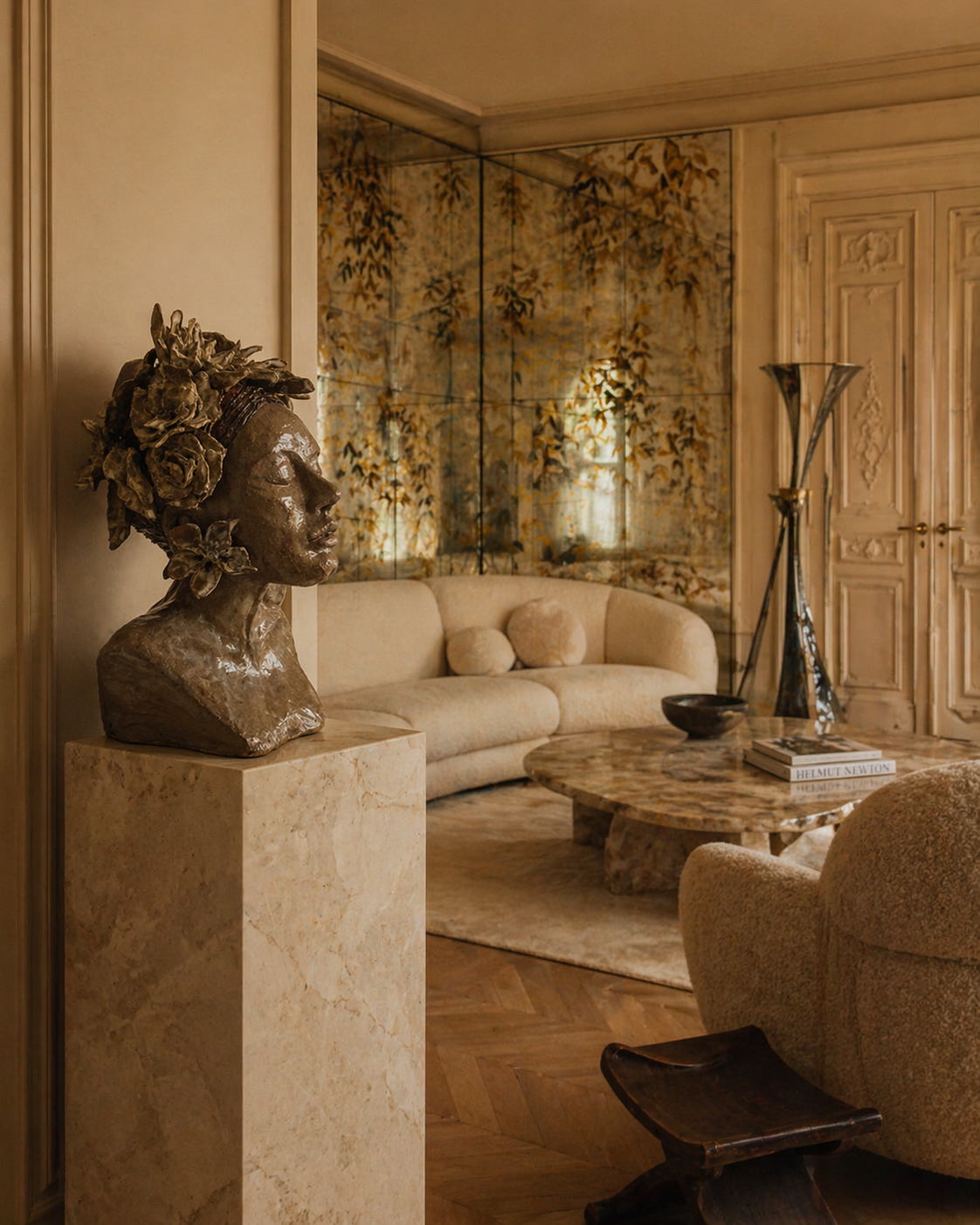 Salon élégant avec sculpture en tête de femme en bronze ornée de fleurs, canapé beige, tableau mural avec motifs de feuilles, table en bois, et lampadaire sur pied.