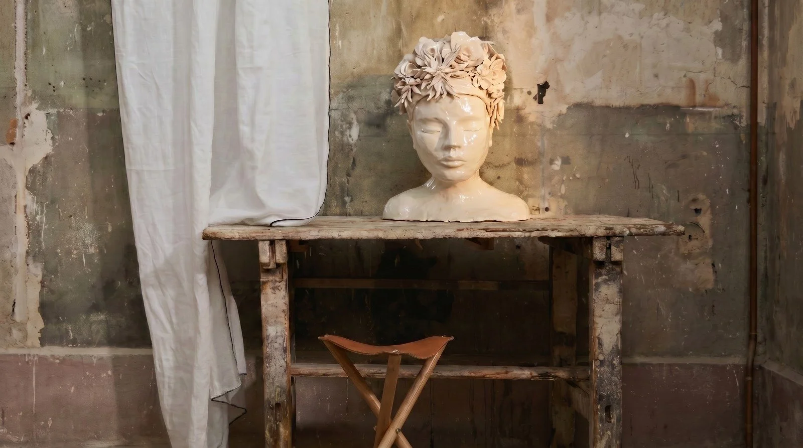 Statue de tête humaine avec des fleurs sur la tête, posée sur une table en bois ancien, dans une pièce avec un mur abîmé et une toile blanche à gauche.