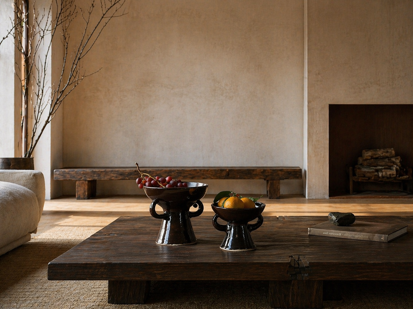 Une pièce avec un mobilier en bois naturel, comprenant une table basse en bois, deux vases noirs avec des fruits (raisins rouges, citrons), un livre sur une table, un canapé beige et un arbre sans feuilles dans un pot, éclairée par la lumière naturelle.