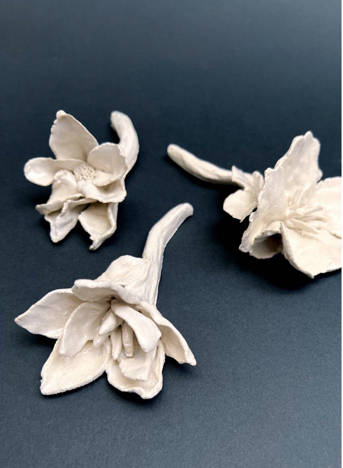 Trois fleurs blanches en porcelaine disposées sur un fond bleu foncé.