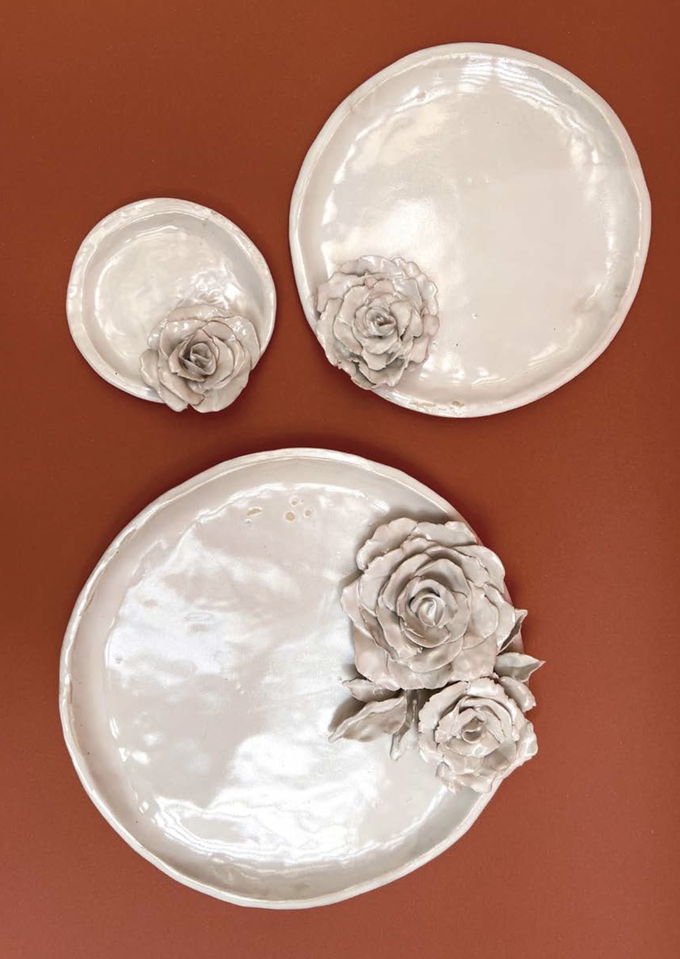 Assiettes blanches avec des roses en relief, sur un fond brun.