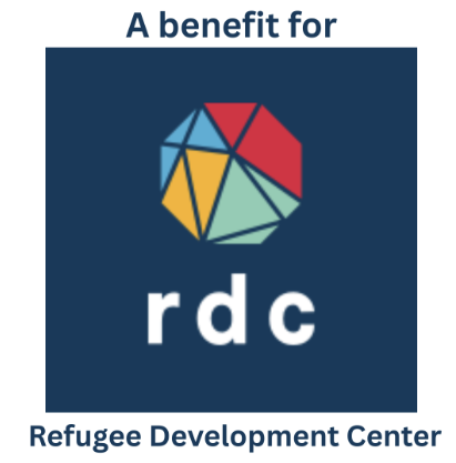 Logo with a multicolored geometric shape and text that reads 'A benefit for rdc Refugee Development Center'