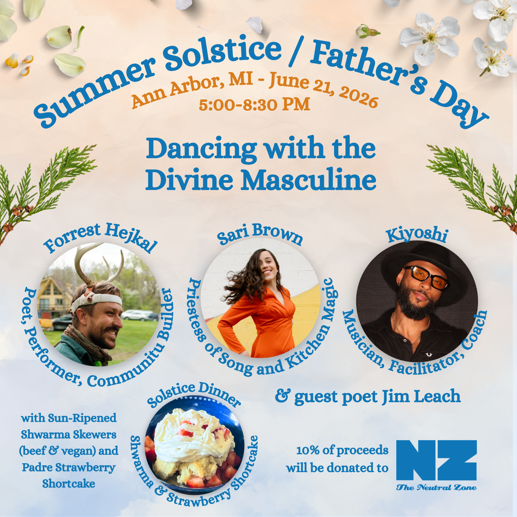 Event poster for Summer Solstice / Father's Day celebration in Ann Arbor, MI from June 21, 2026, 5:00 to 8:30 PM, featuring dancing with the Divine Masculine, food, entertainment, and guest poet Jim Leach.