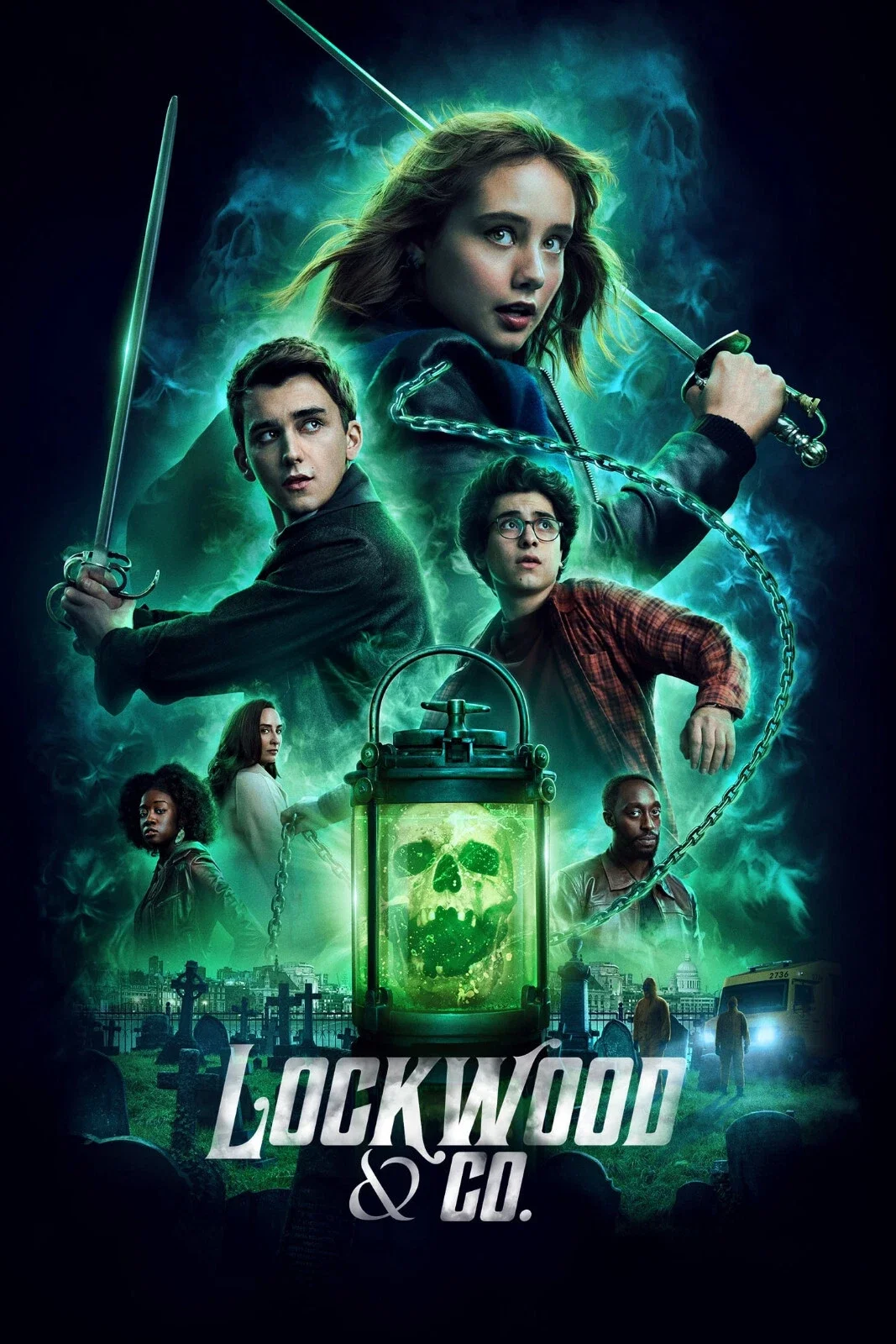 A poster for the show 'Lockwood & Co.' featuring six young characters, some holding weapons, with ghostly skulls and eerie green mist in the background, and a lantern with a skull inside at the bottom.