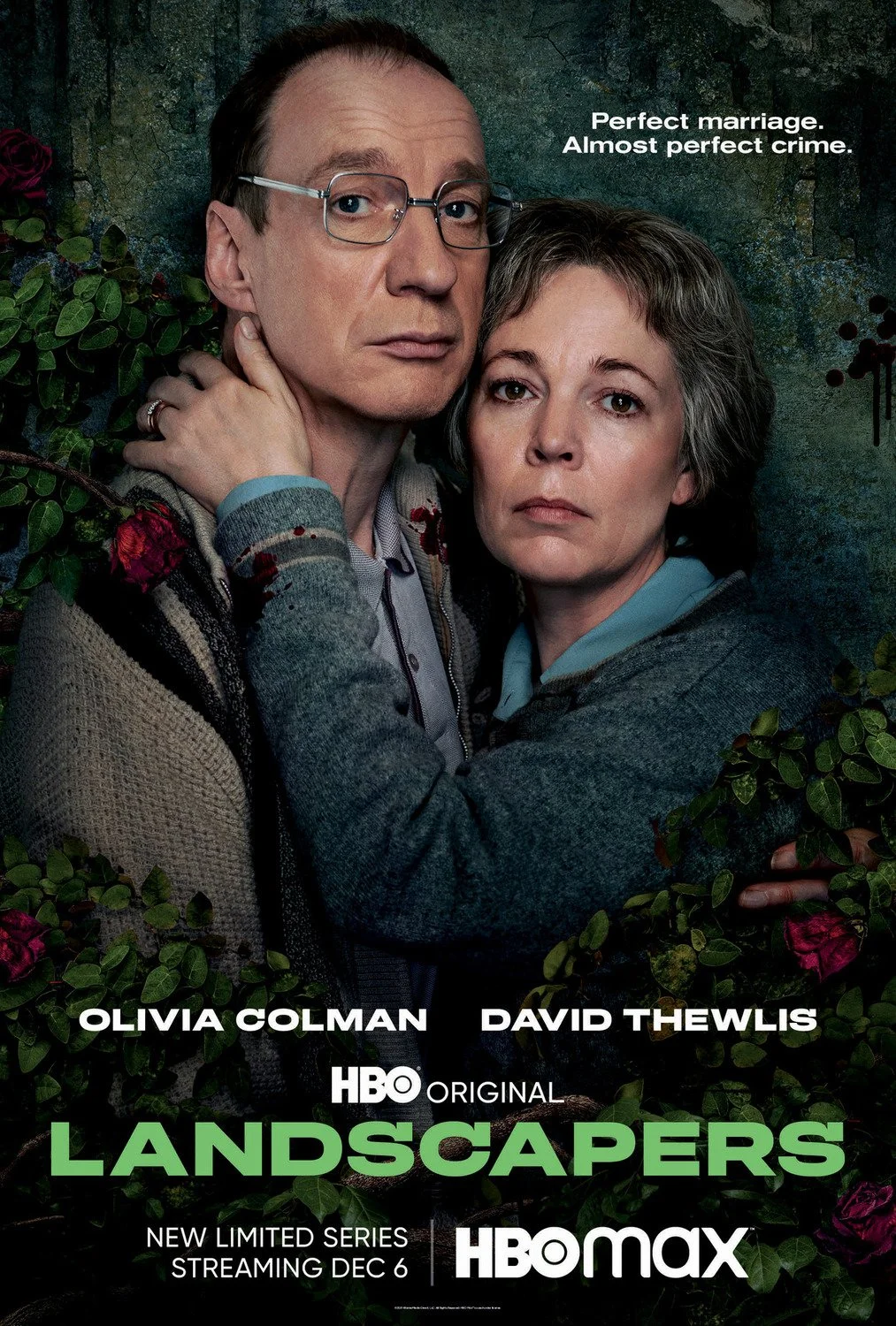 Poster for the HBO series 'Landscapers' featuring Olivia Colman and David Thewlis, with the tagline 'Perfect marriage. Almost perfect crime.'