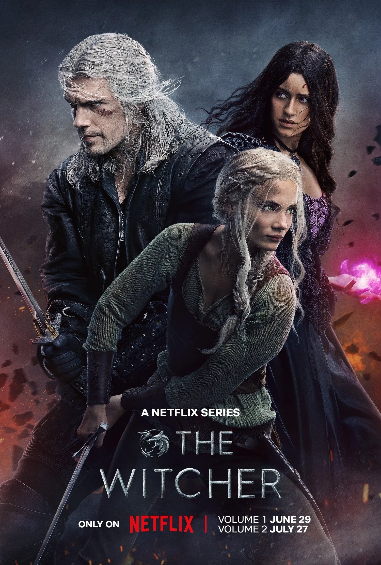 Promotional poster for 'The Witcher' Netflix series, showing three main characters in dramatic poses with dark, stormy background, and glowing purple magic in the hands of one character. The text indicates premiere dates for two volumes and states 'Only on Netflix.'