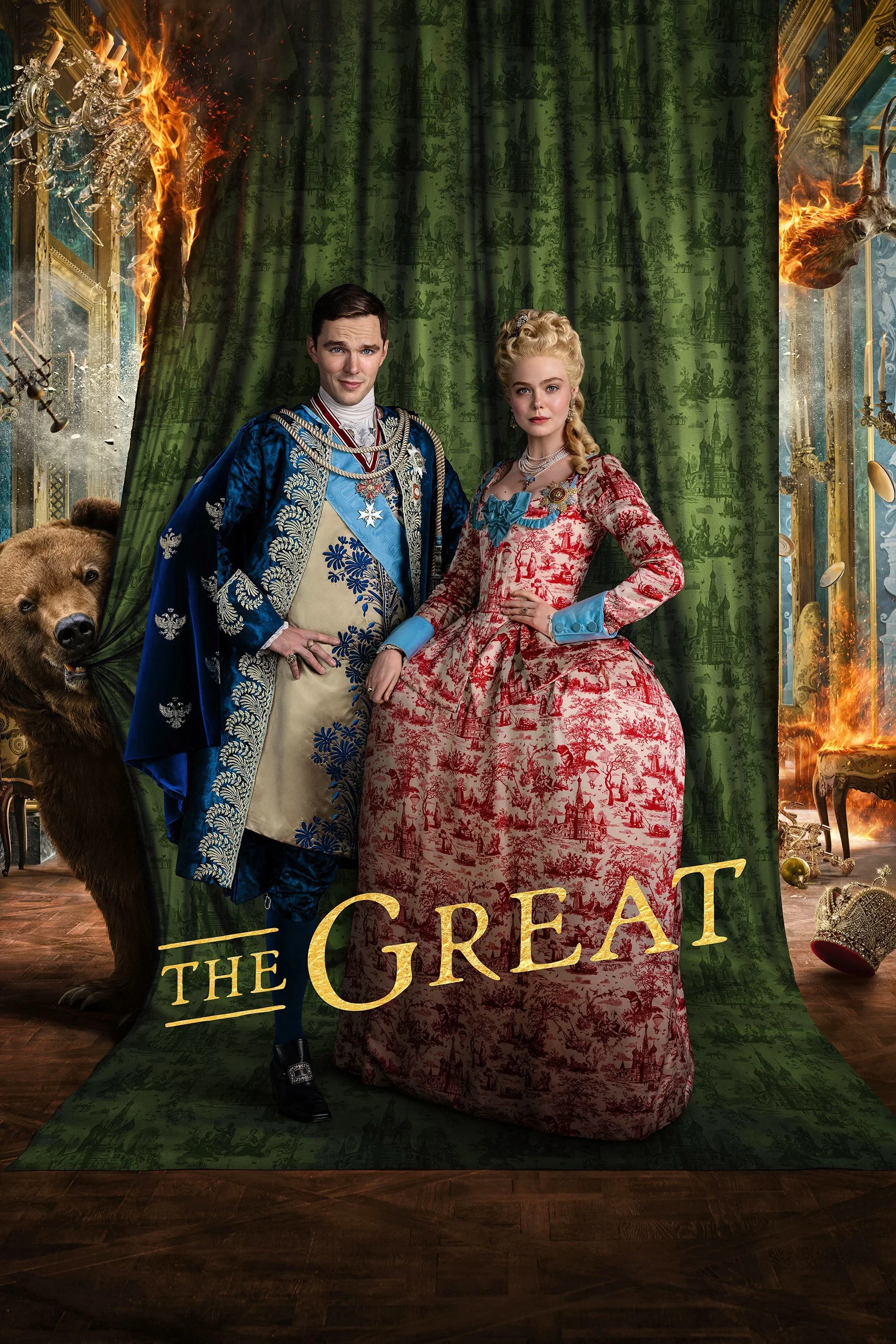 Two characters dressed in 18th-century royal attire standing in a lavish, decorated room with green curtains, a bear, and a burning stag head in the background. The man is in a blue coat with gold trim, and the woman is in a red and white patterned dress.