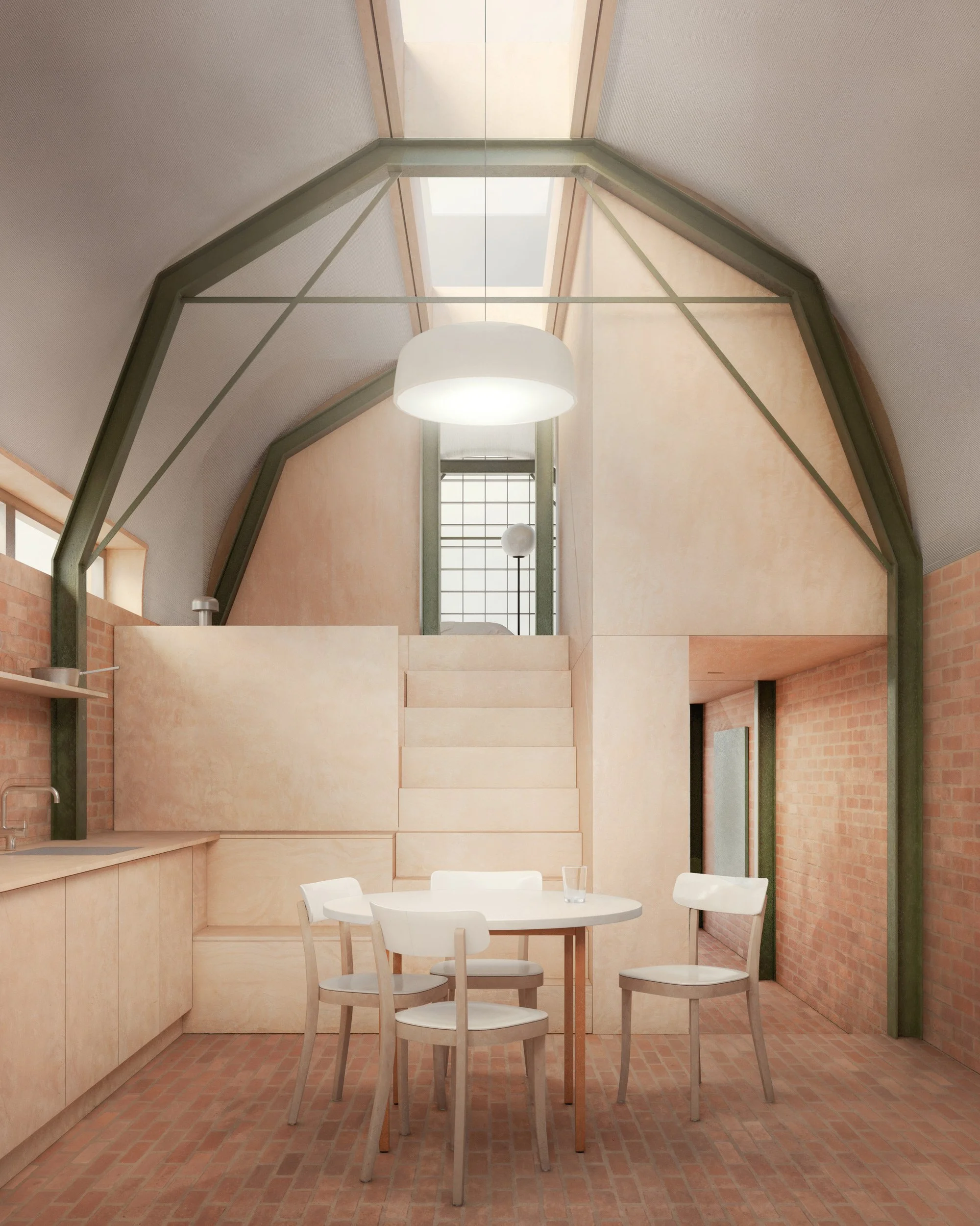 Coombe Street — interior architectural visualisation of a compact vaulted living space with exposed brick, pale timber finishes, green steel framing and soft natural light.