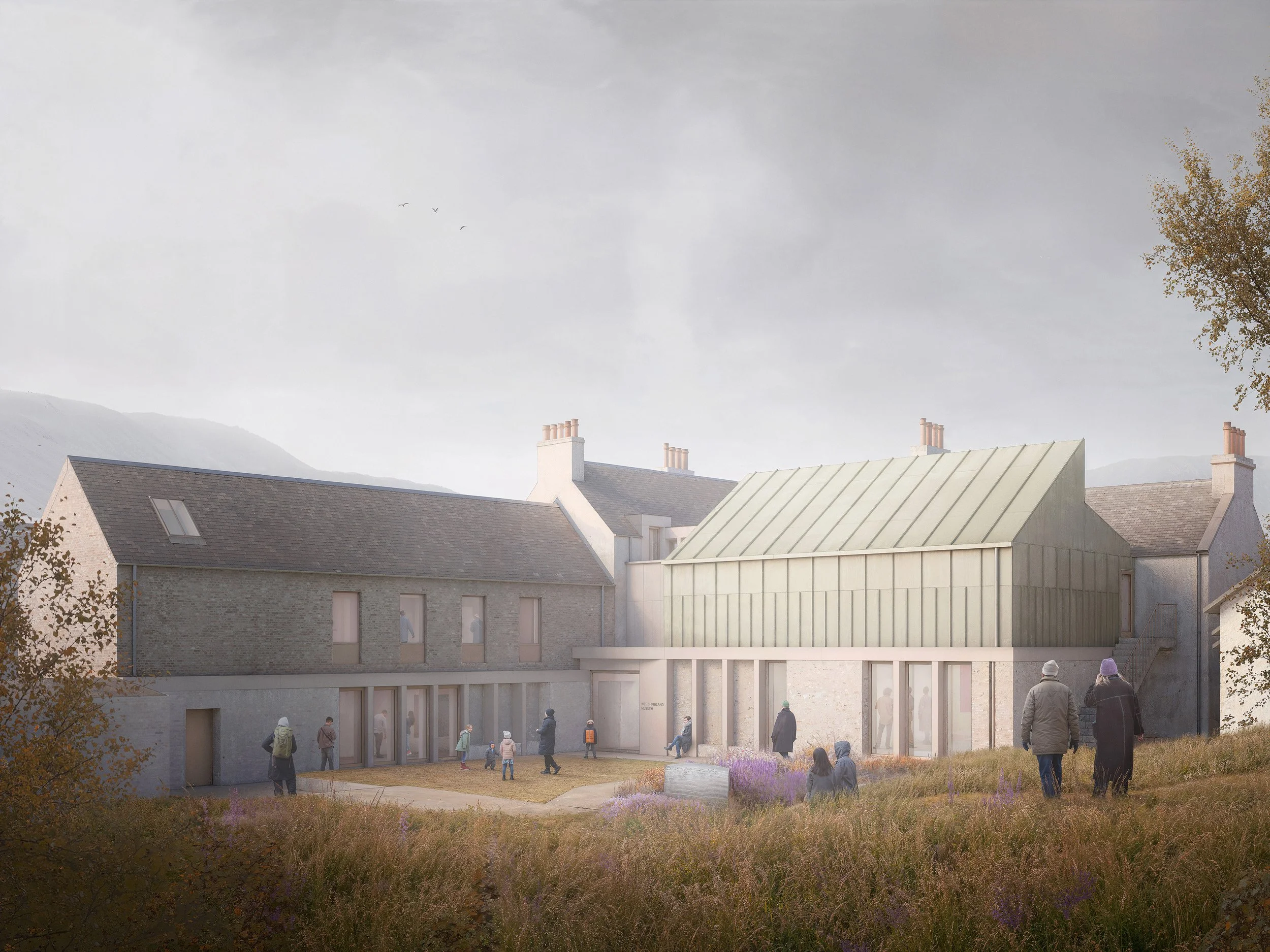 West Highland Museum — atmospheric civic courtyard visualisation featuring contemporary pitched-roof buildings within a Highland landscape, with soft winter light, wild planting and quiet public occupation.