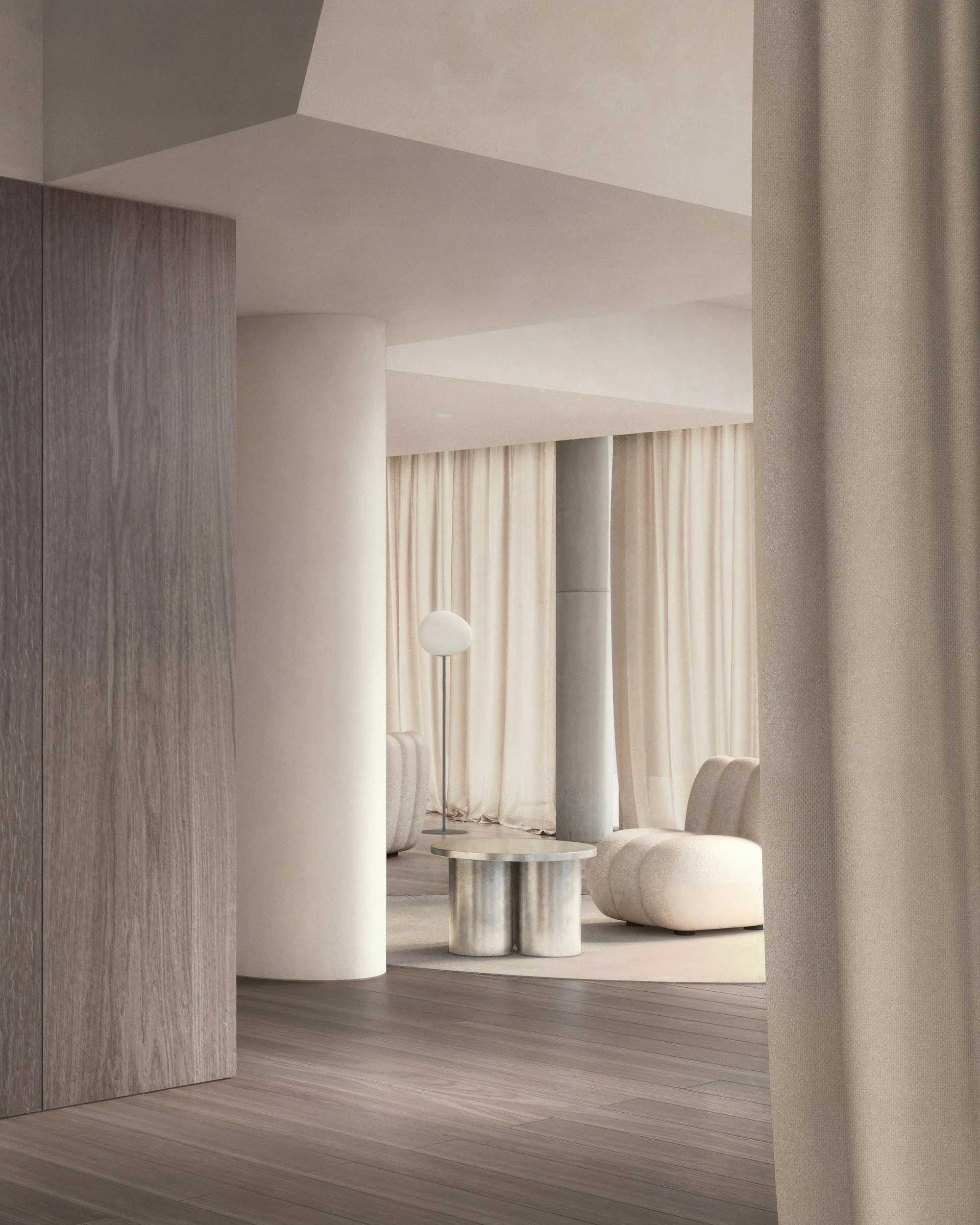 Bendix — interior architectural visualisation of a softly lit living space with curved forms, textured drapery, muted timber finishes and restrained material palette.