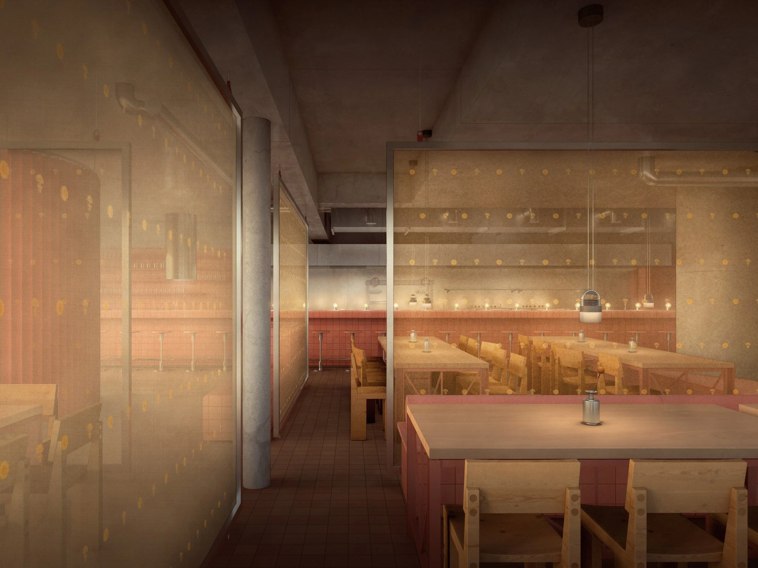 Kricket — atmospheric restaurant interior visualisation with warm ambient lighting, pink tiled surfaces, translucent partitions and timber seating within a softly lit dining space.