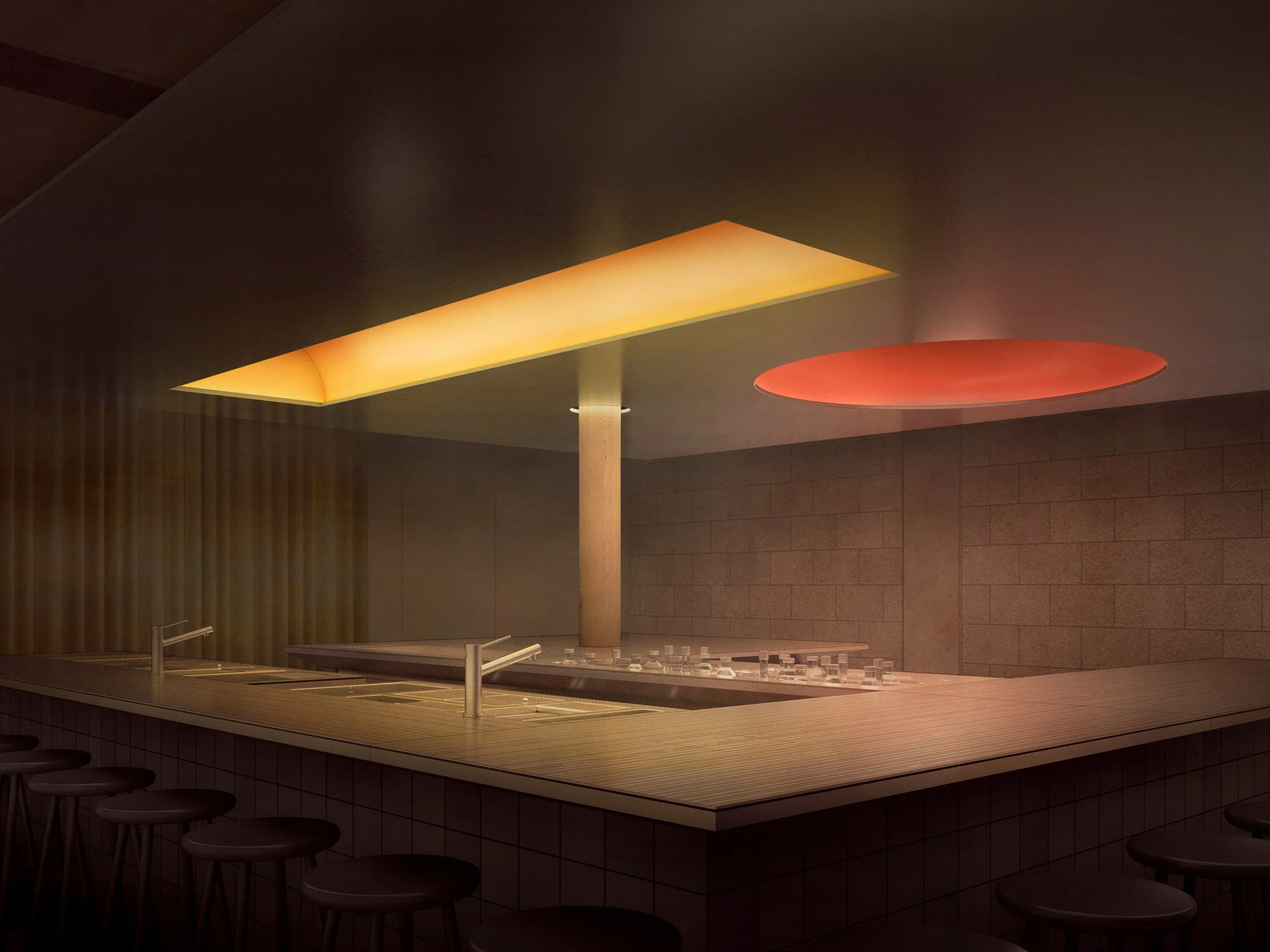 Soma — atmospheric interior visualisation of a dark-toned bar space with illuminated ceiling features, textured materials and warm ambient lighting.