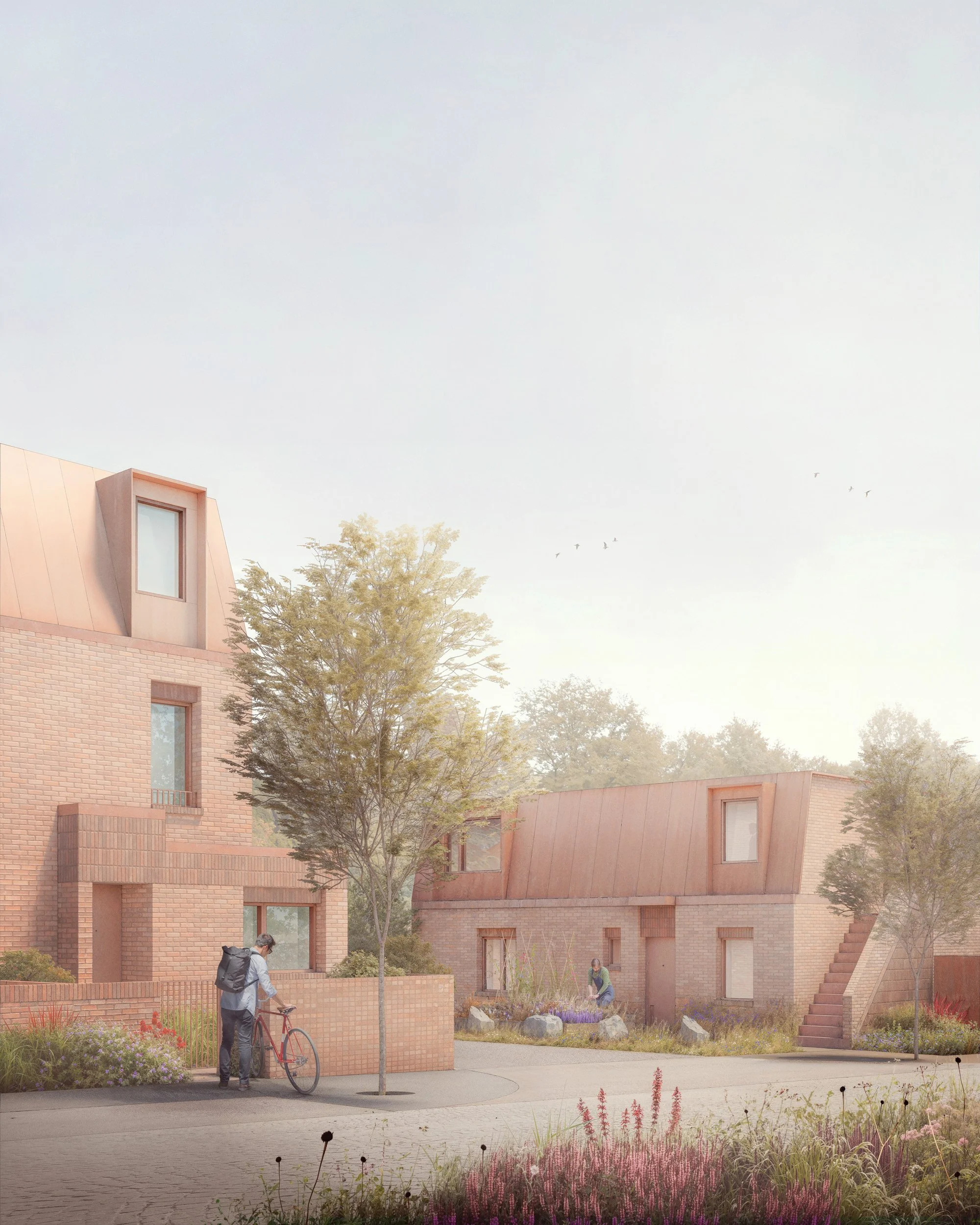 The Croft — atmospheric residential courtyard visualisation featuring brick townhouses with copper-clad roofs, soft morning light, wild planting and quiet everyday occupation within a landscaped communal setting.