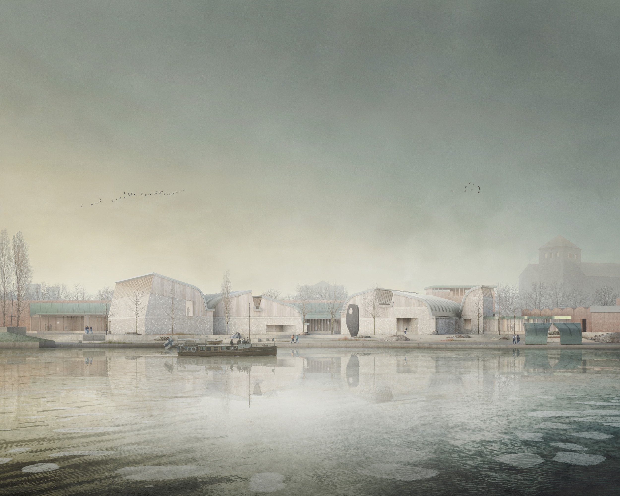 Turku — Atmospheric waterfront museum visualisation with sculptural pitched-roof buildings reflected in calm water beneath a muted winter sky, capturing a soft and painterly architectural composition.