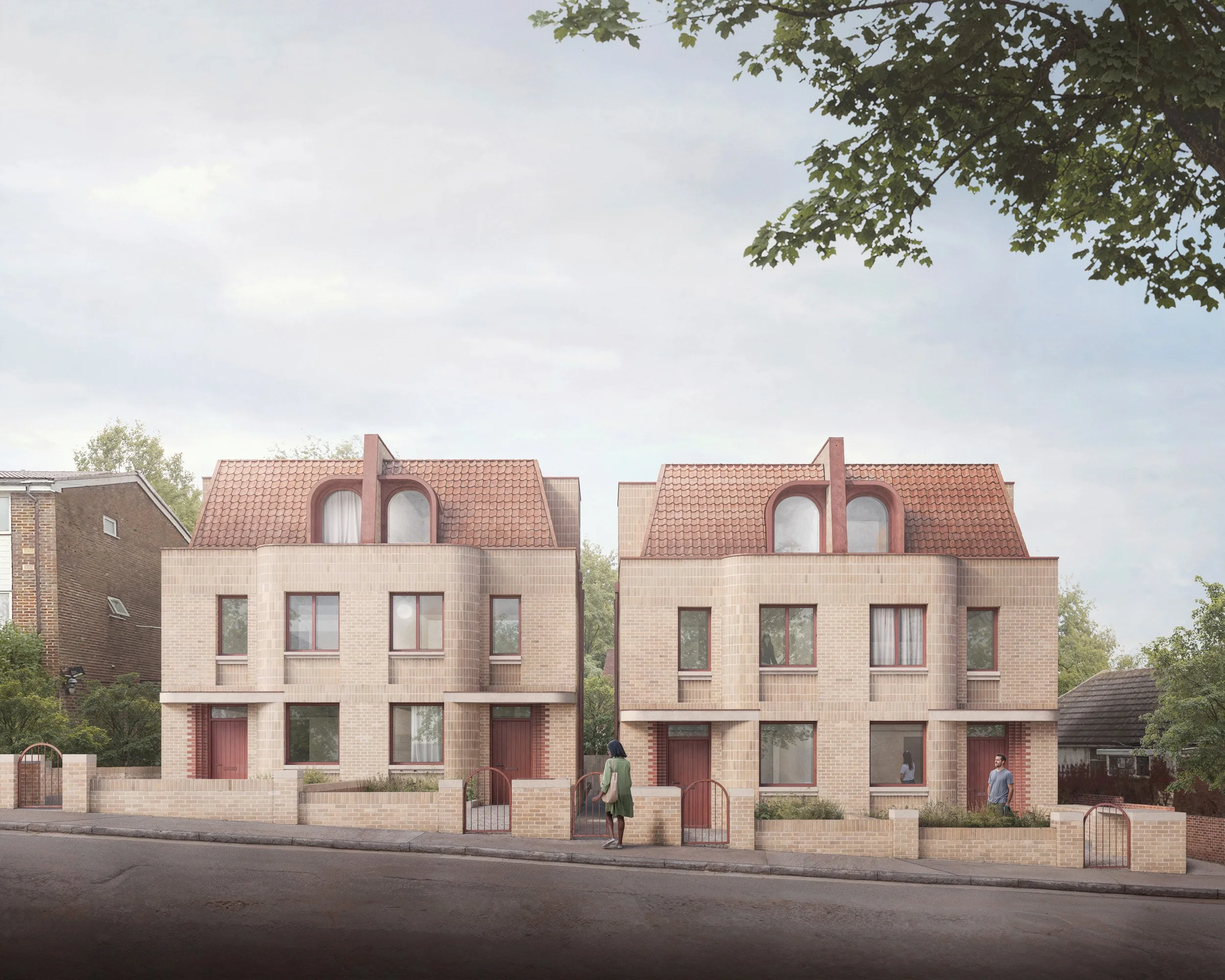 Leaf Grove — street elevation architectural visualisation of paired brick townhouses with curved dormer windows, red clay roof tiles and soft evening light.