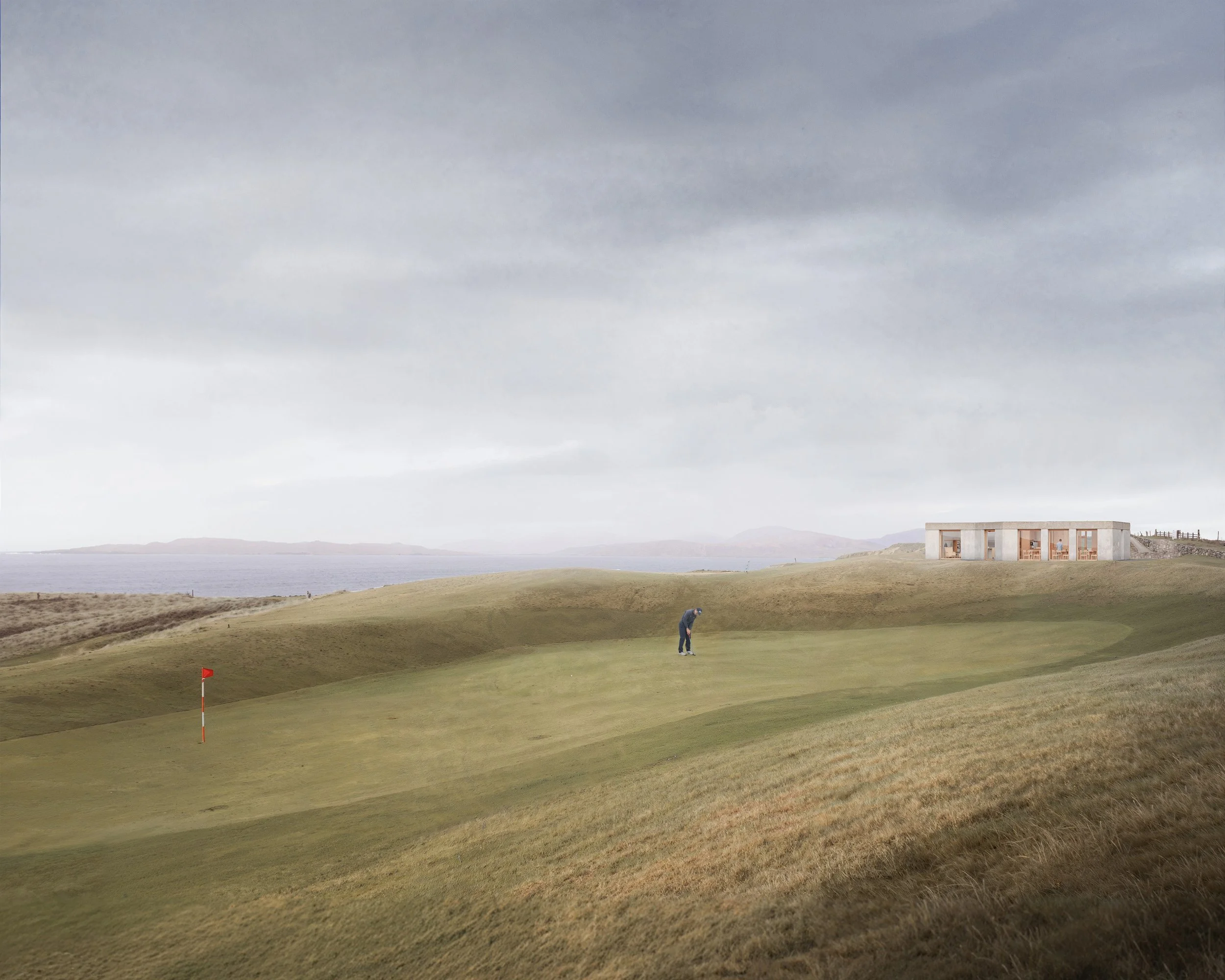 Harris Golf Club — architectural visualisation of a coastal golf landscape with a minimal clubhouse pavilion set within rolling terrain under soft overcast light.