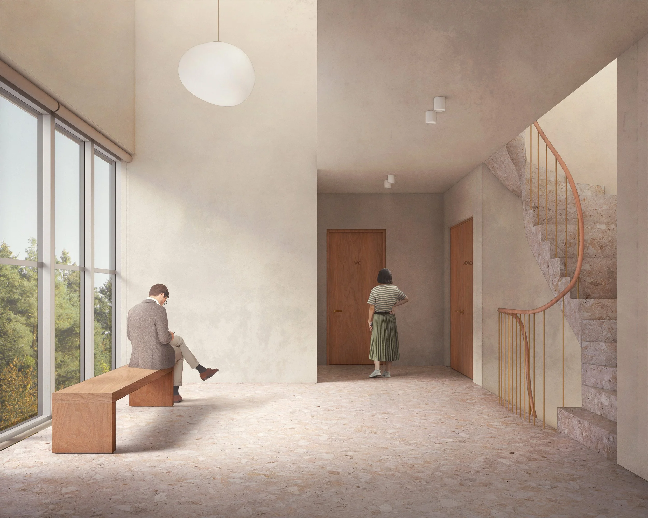 Karradeio — interior architectural visualisation of a minimal lobby space with terrazzo flooring, curved stone stair, timber detailing and soft natural light.