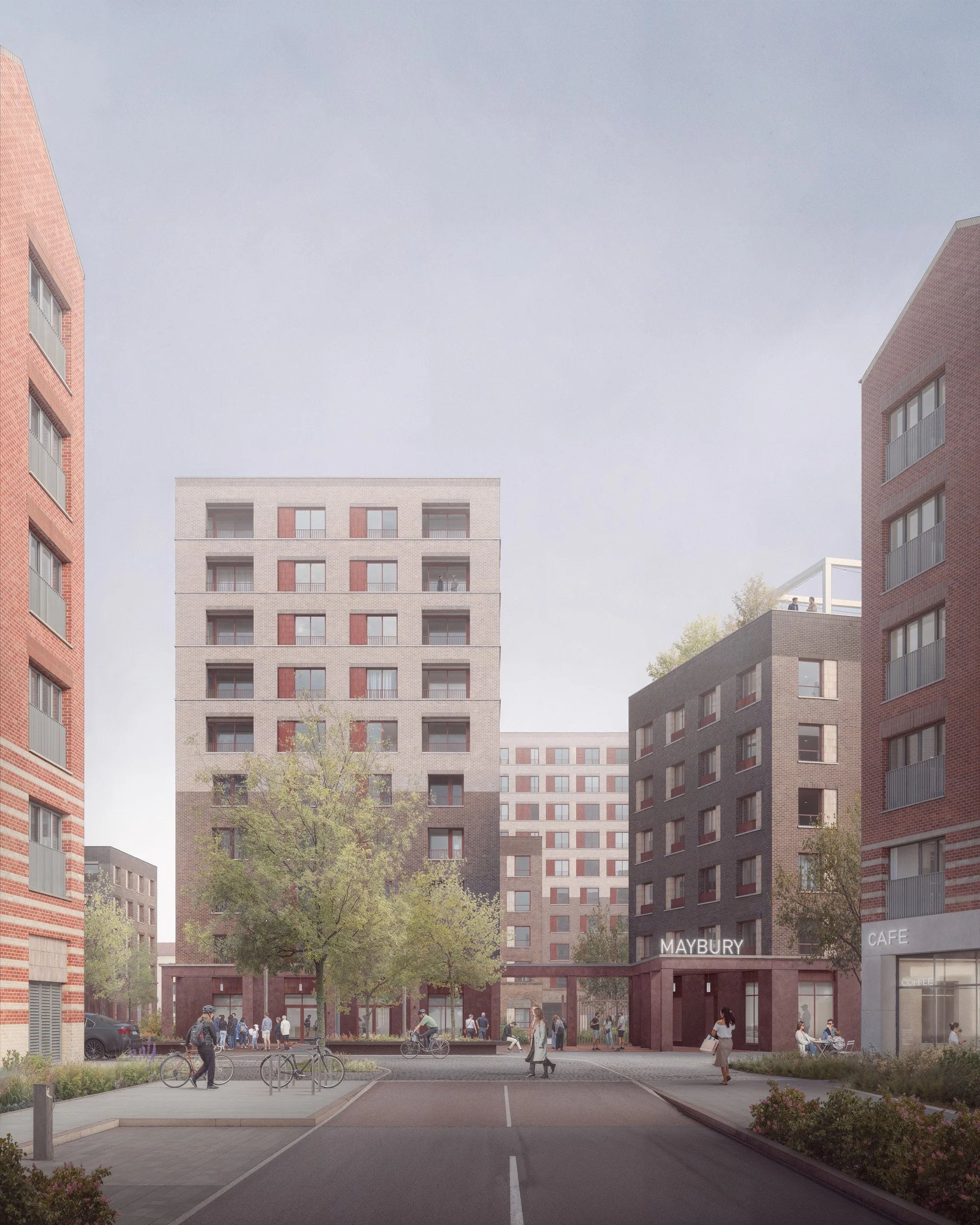 Edinburgh Gateway — atmospheric urban housing visualisation featuring brick residential buildings framing a calm pedestrian street with soft daylight, planted public space and everyday city life.