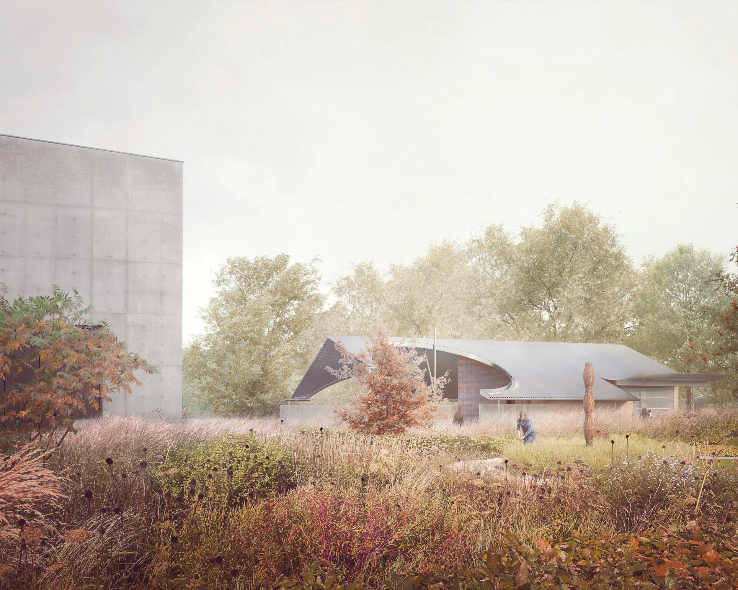 Hepworth — architectural visualisation of a sculptural pavilion building within a richly planted landscape garden under soft autumn light.