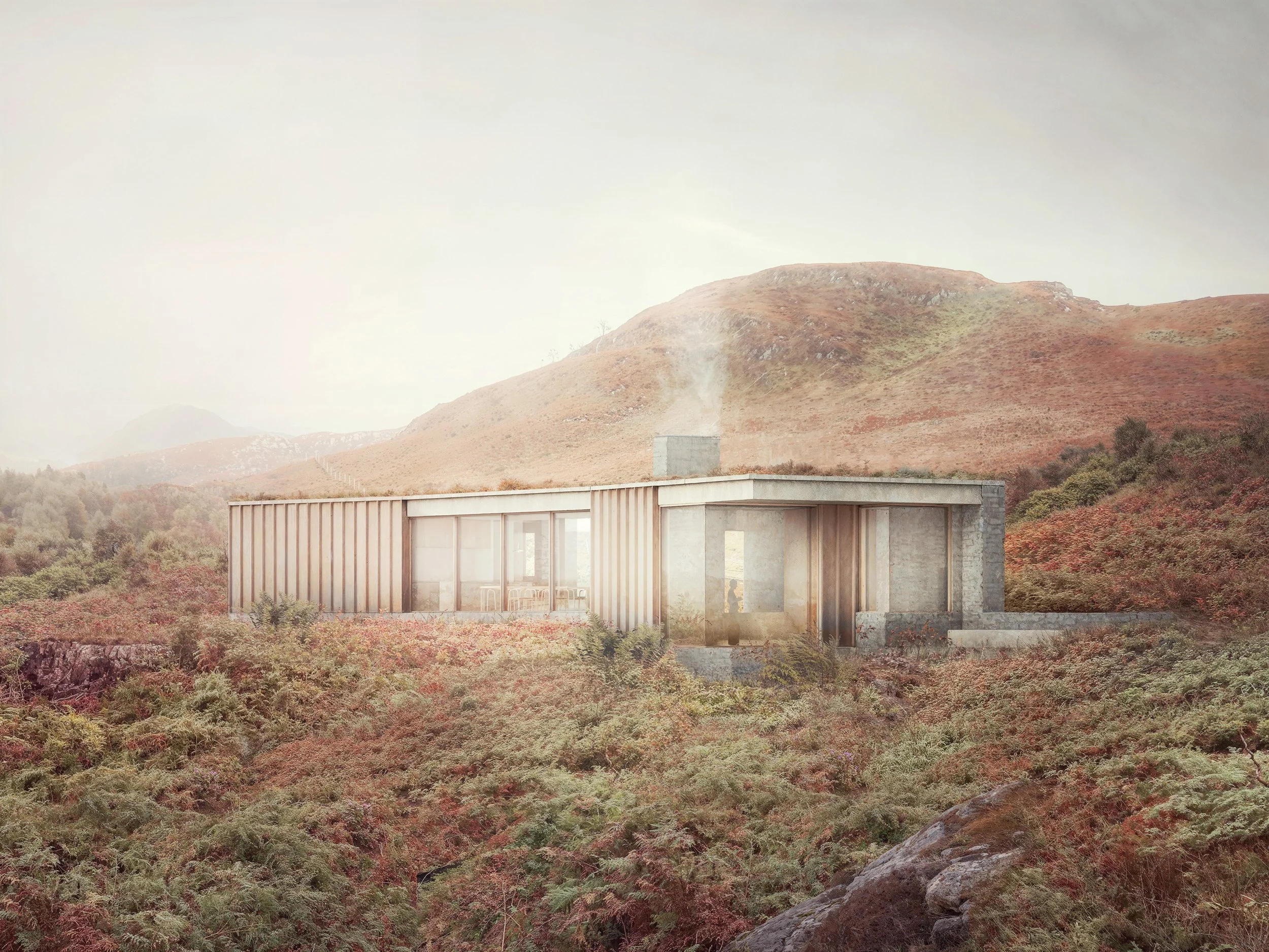 A modern, minimalist building with a flat roof and large glass windows set against a hilly, reddish-brown landscape with sparse vegetation and a partly cloudy sky.