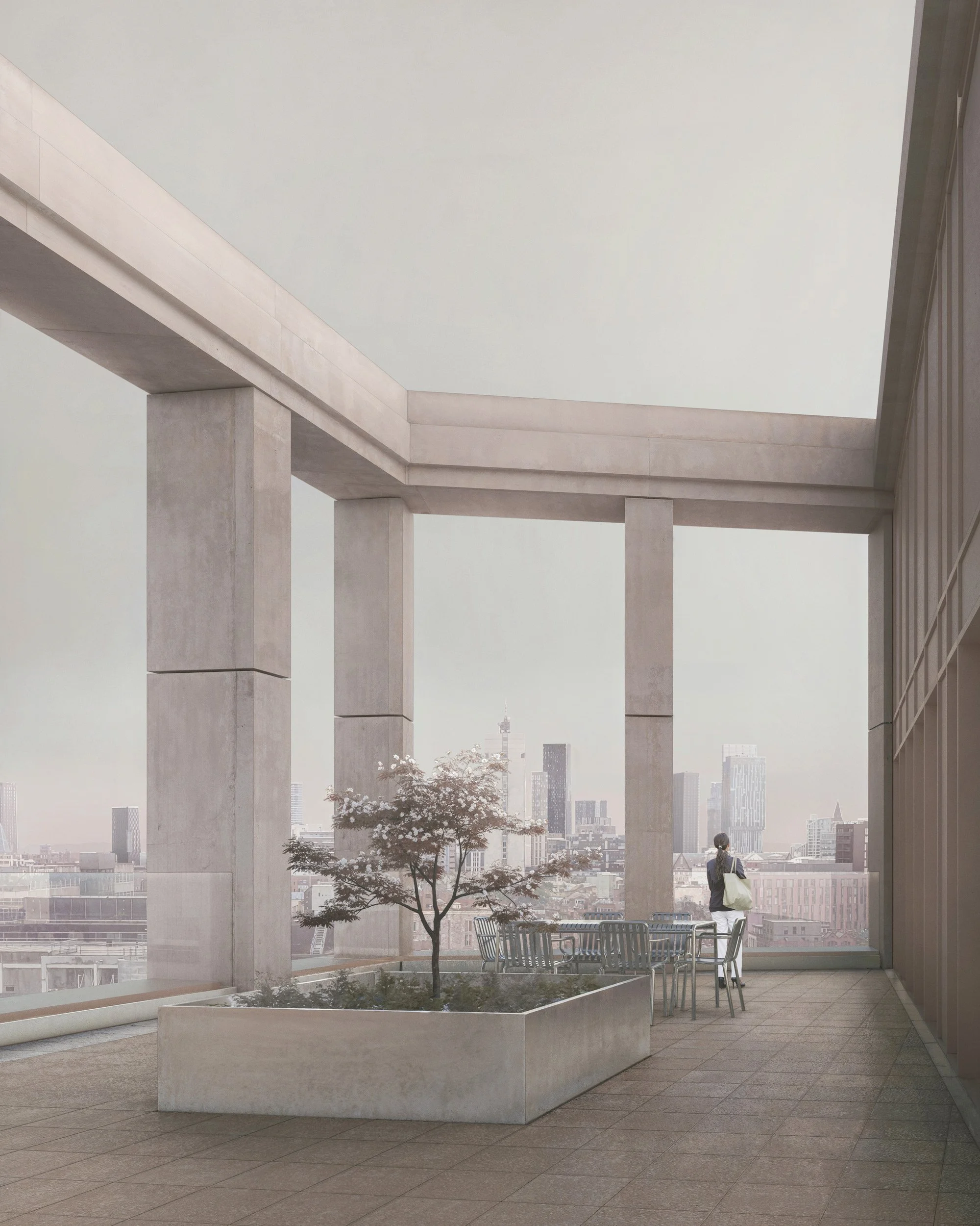Bendix — architectural visualisation of a rooftop terrace framed by monumental concrete columns, overlooking a soft urban skyline in muted evening light.