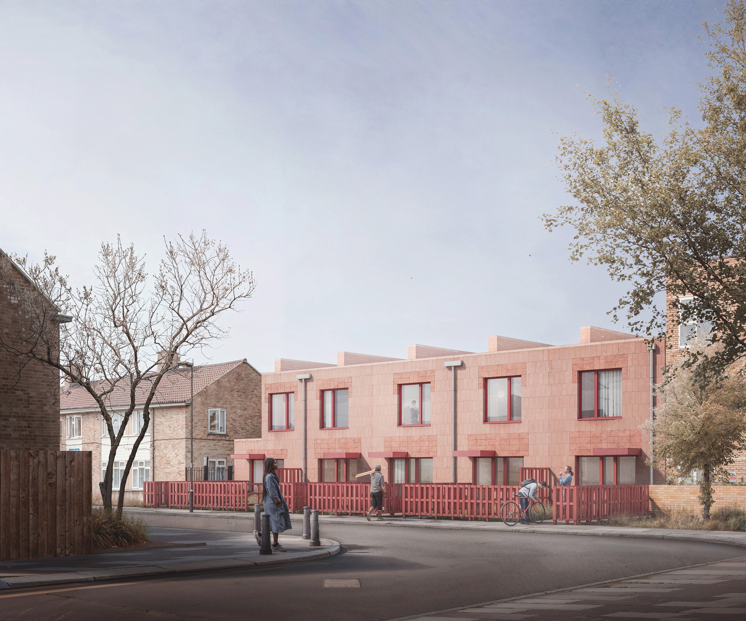 Naked House — street view architectural visualisation of contemporary terraced housing with pink-toned masonry, red detailing and soft urban evening light.