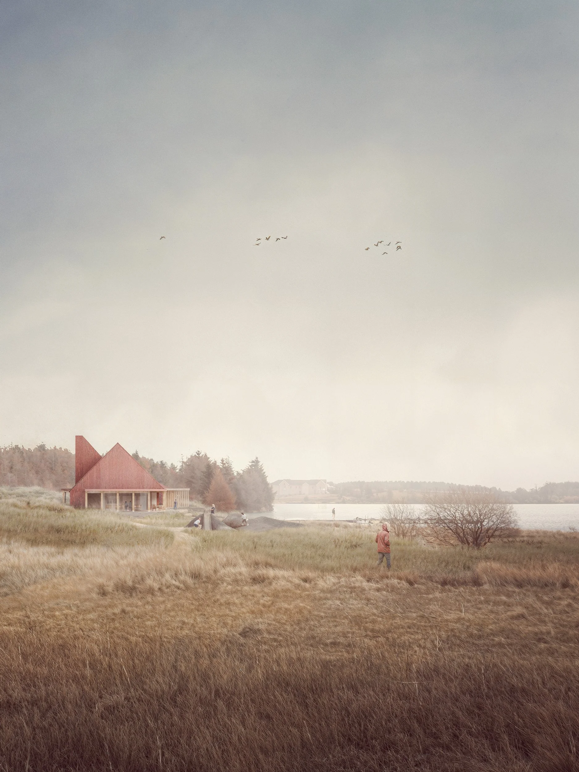 Black Loch — architectural visualisation of a red timber pavilion set within a coastal marsh landscape under soft overcast light and muted autumn tones.
